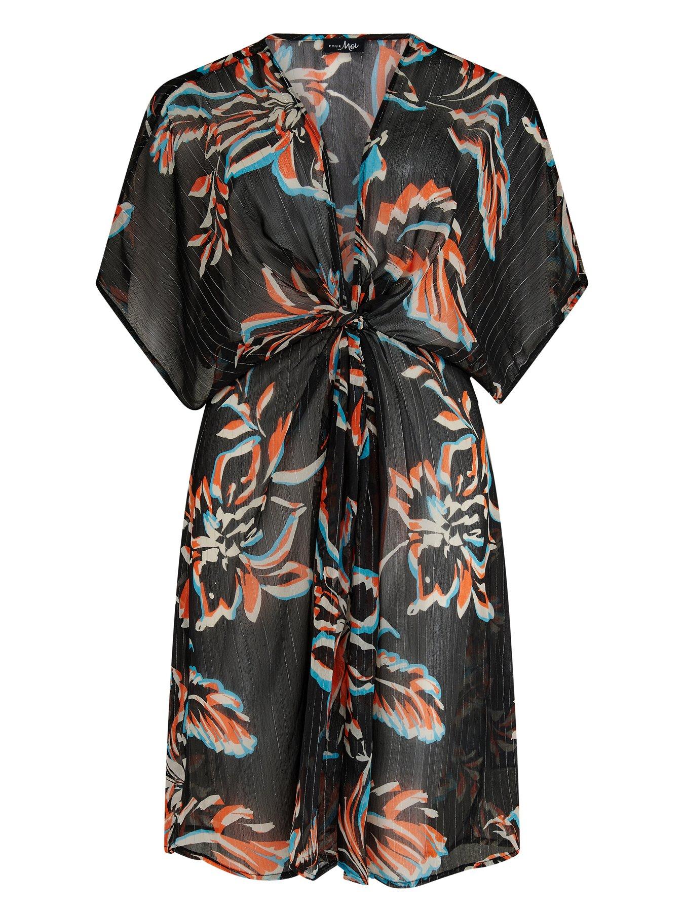 Image 3 of 4 of Pour Moi Knotted Front Lurex Stripe Chiffon Kaftan
