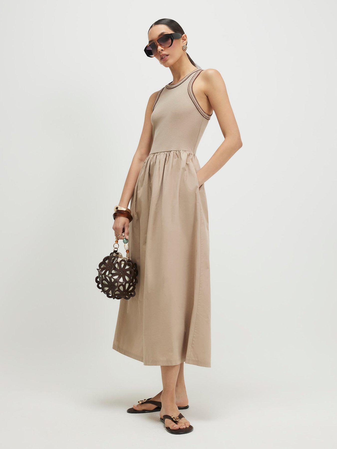 Image 1 of 4 of River Island Sleeveless Whipstitch Maxi Dress - Beige
