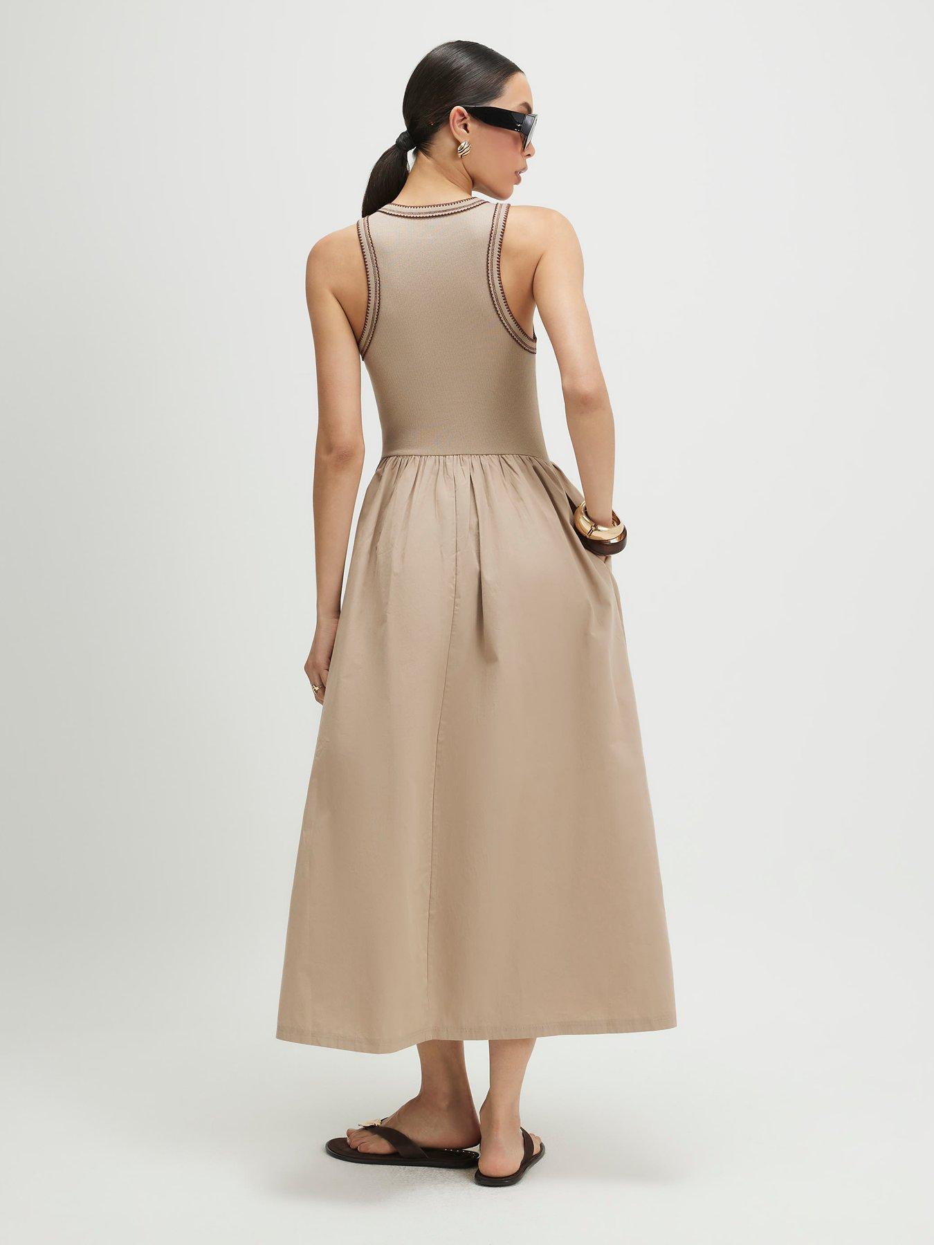 Image 2 of 4 of River Island Sleeveless Whipstitch Maxi Dress - Beige