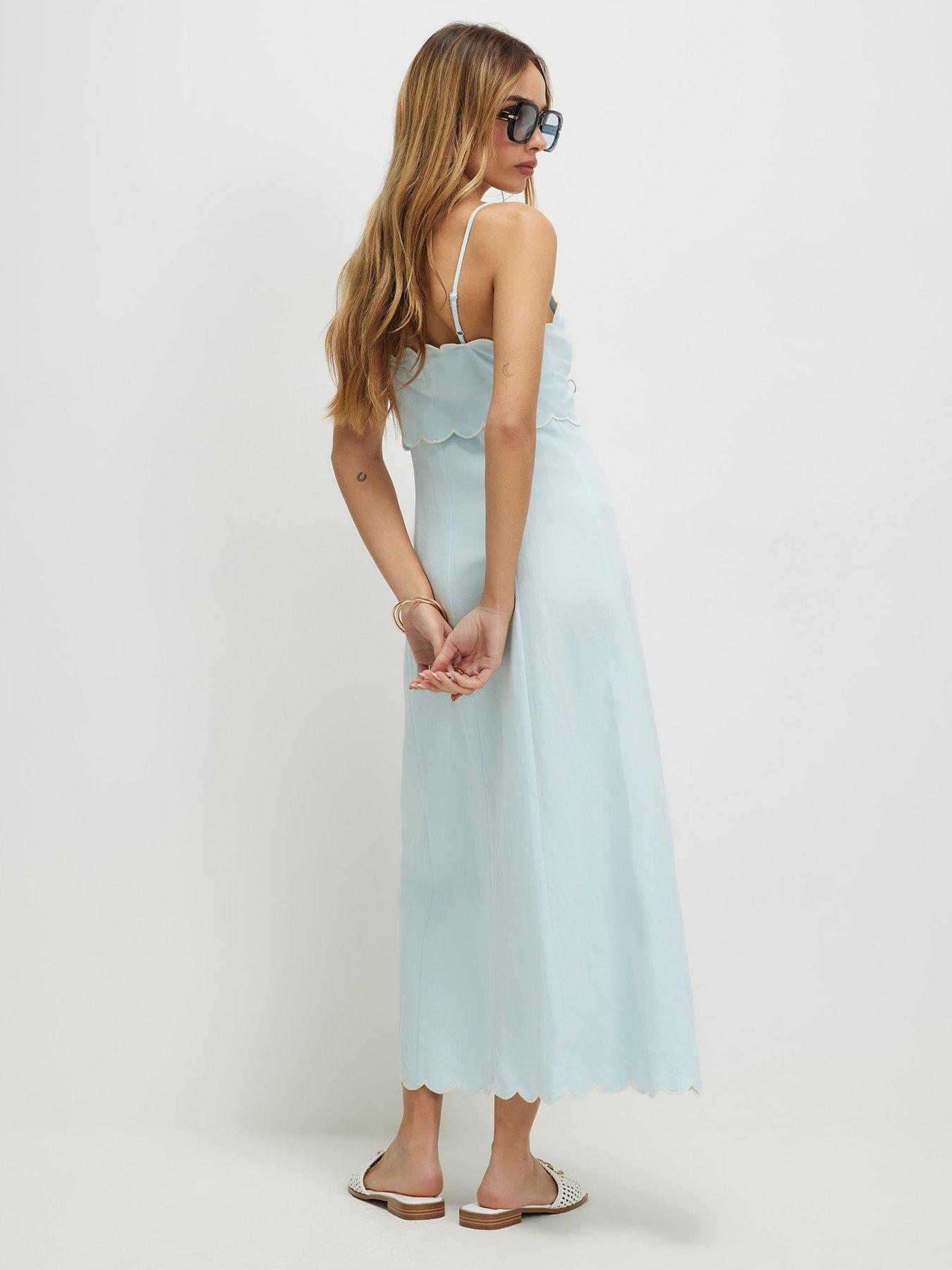 River Island Linen Blend Scallop Trim Midi Dress - Blue | Littlewoods