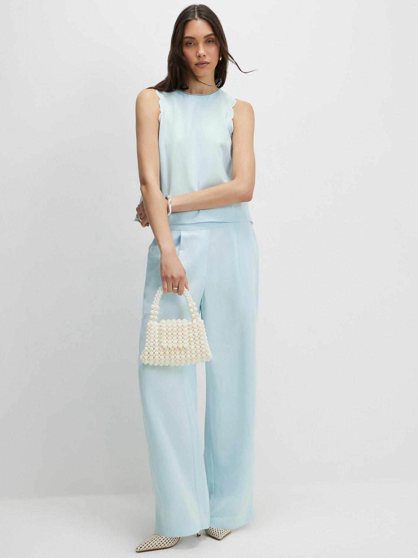 Image 1 of 4 of River Island Scallop Trim Wide Leg Trousers - Blue