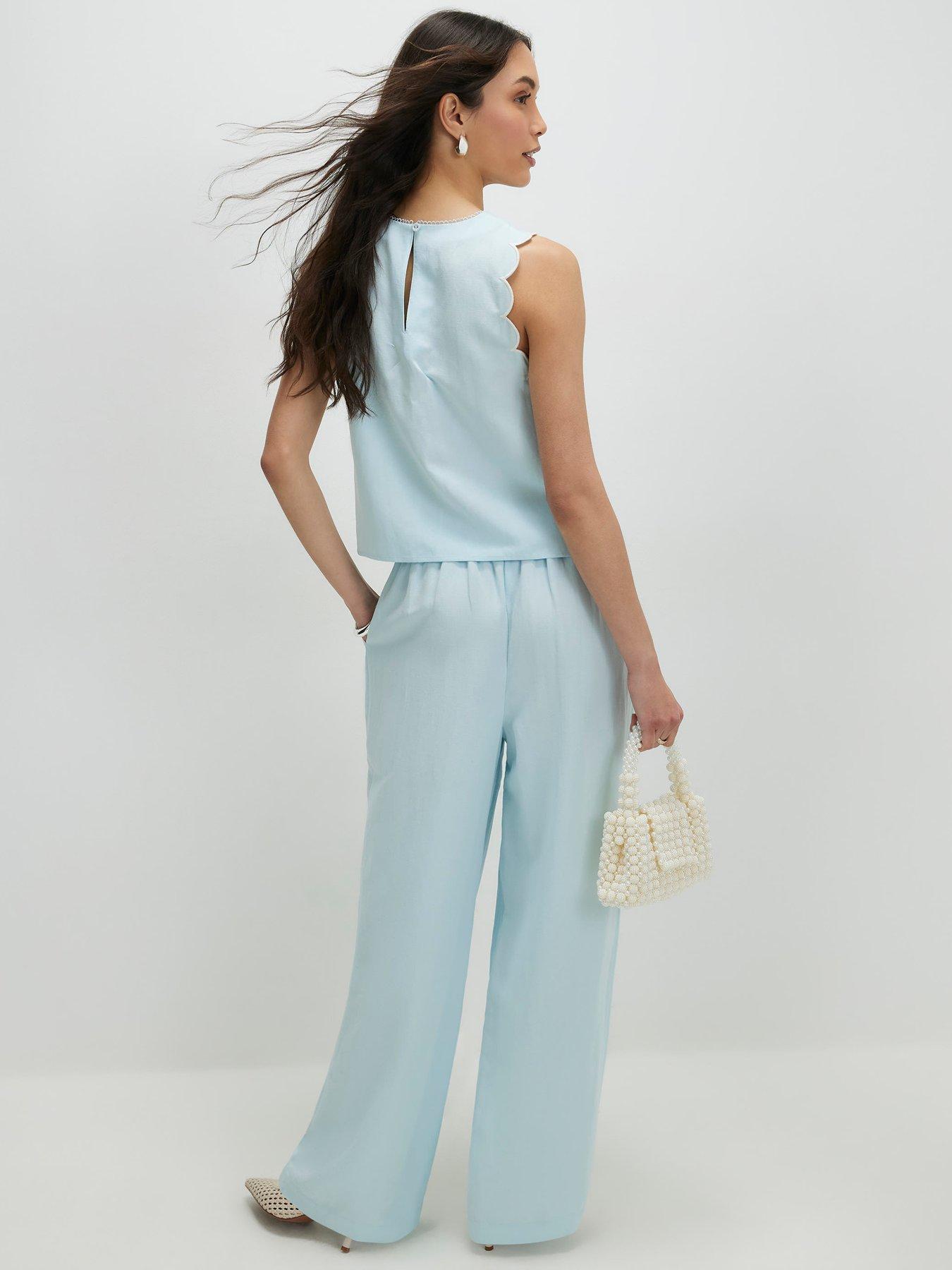 Image 2 of 4 of River Island Scallop Trim Wide Leg Trousers - Blue