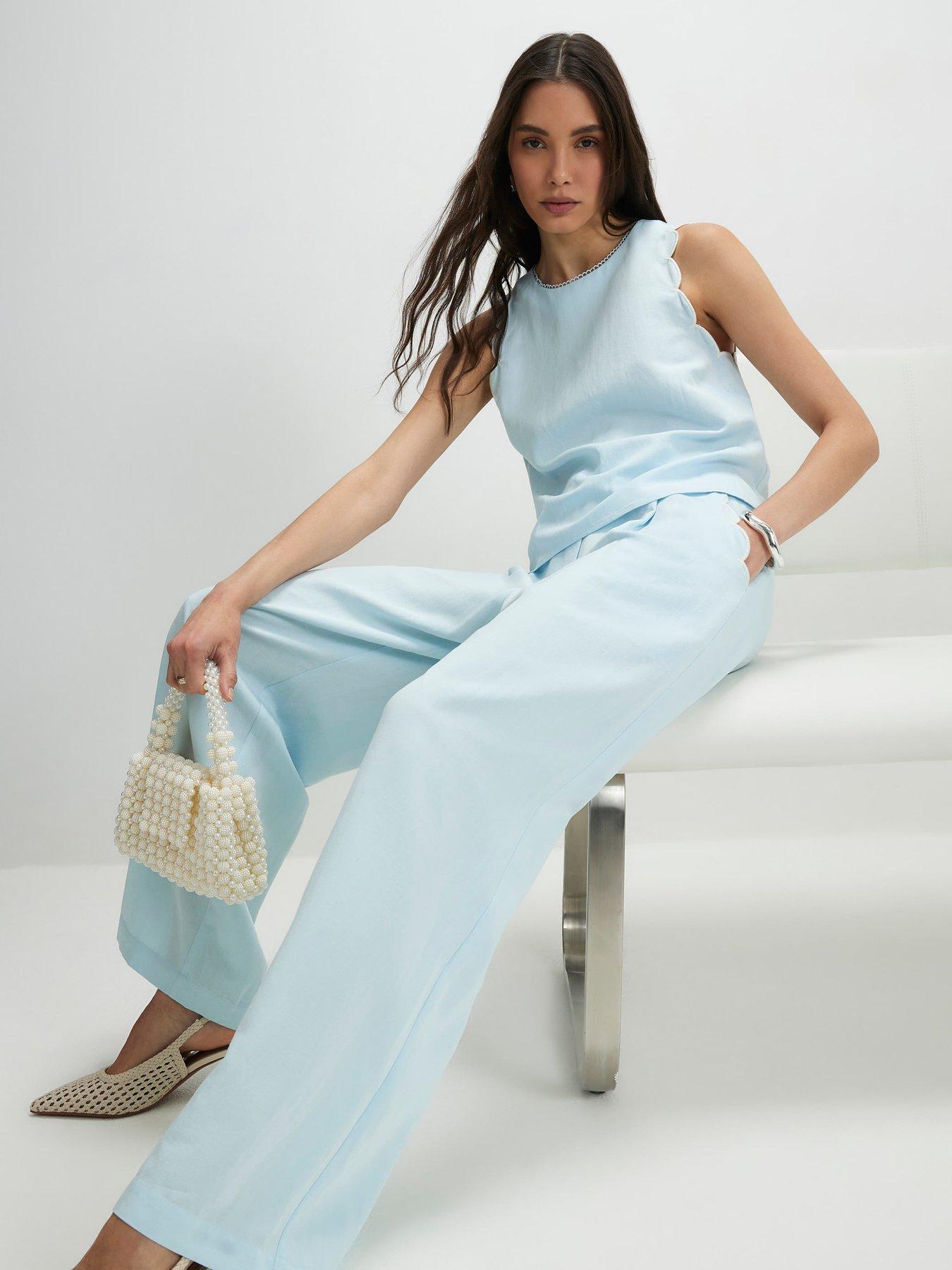 Image 3 of 4 of River Island Scallop Trim Wide Leg Trousers - Blue