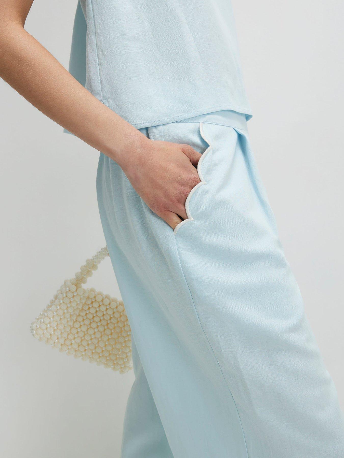 Image 4 of 4 of River Island Scallop Trim Wide Leg Trousers - Blue