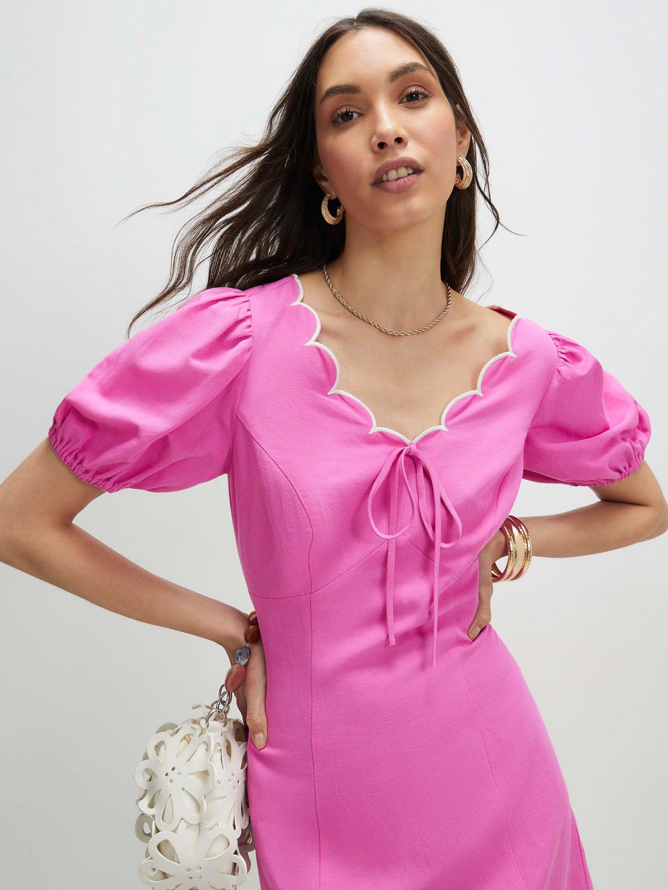River Island Linen Blend Scallop Trim V Neck Dress - Pink | Littlewoods
