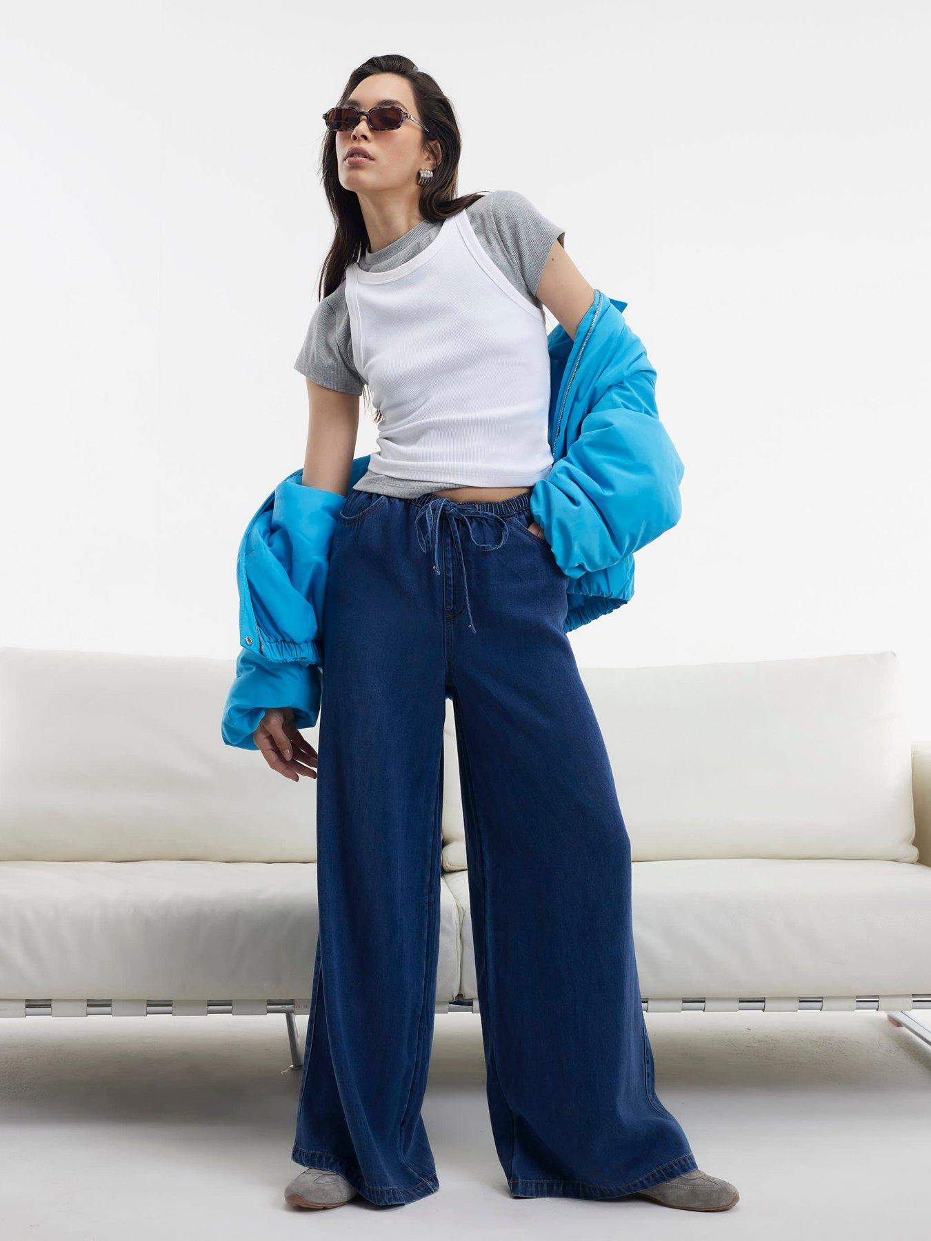River Island High Waisted Drawstring Wide Leg Jeans