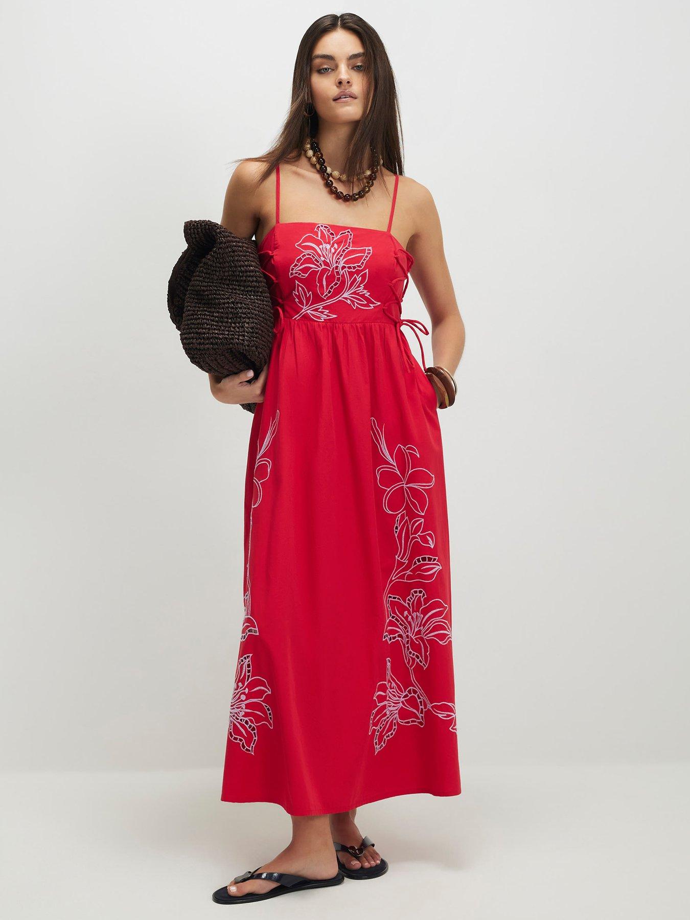 River Island Cotton Broderie Tie Side Midi Dress - Red