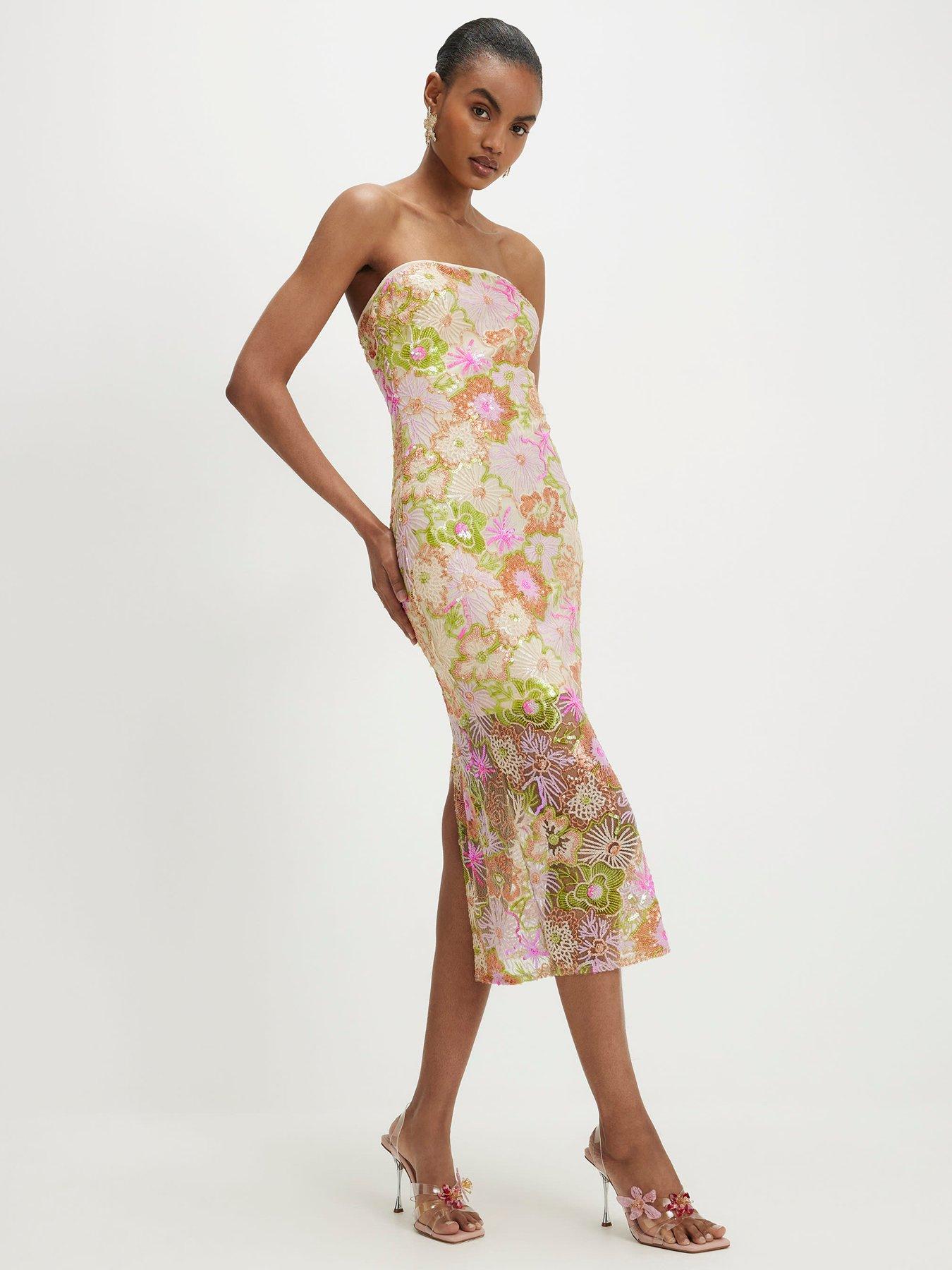 River Island Floral Sequin Bandeau Midi Dress - Multi