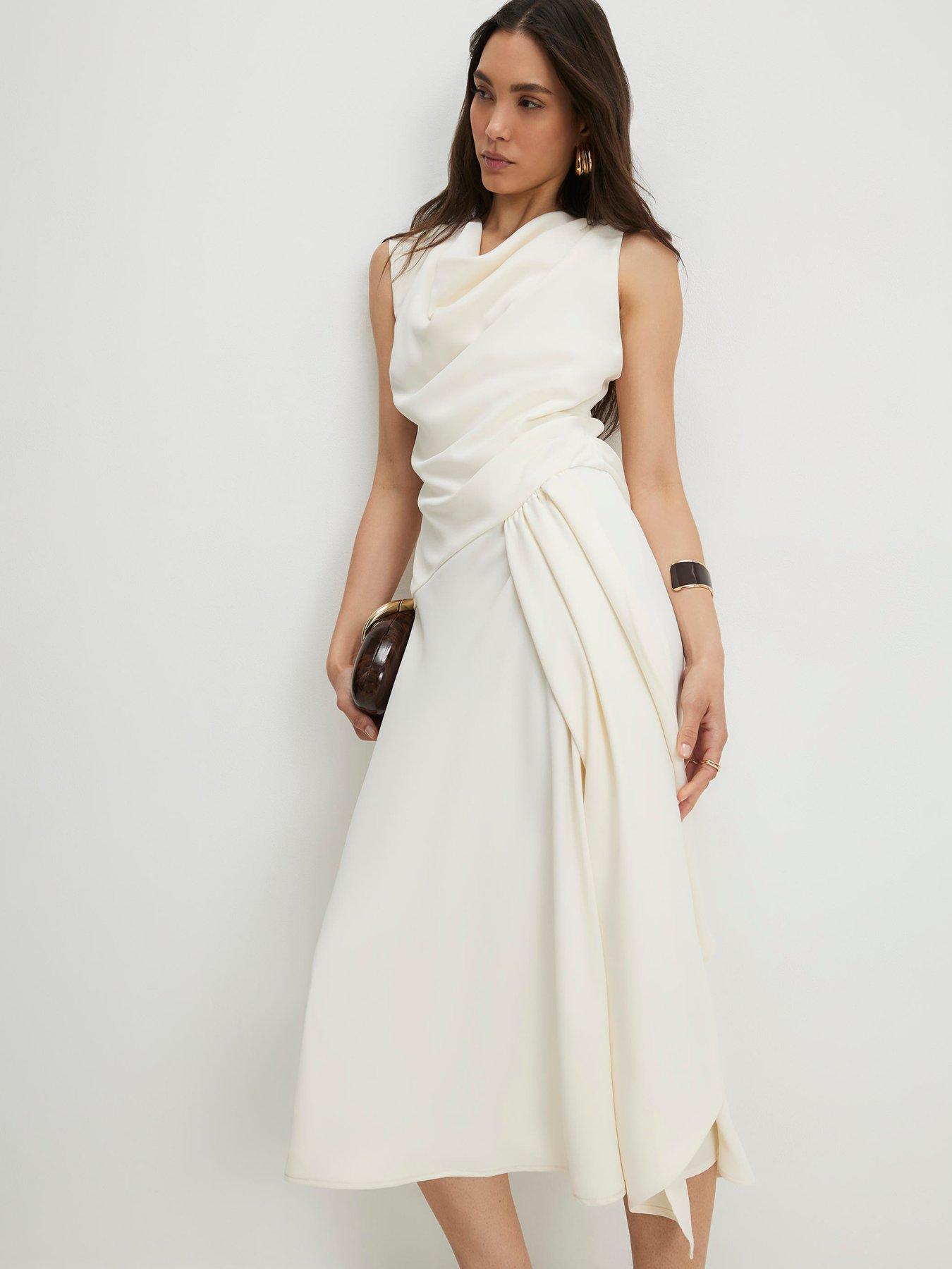 River Island Cowl Neck Asymmetric Midi Dress - Cream