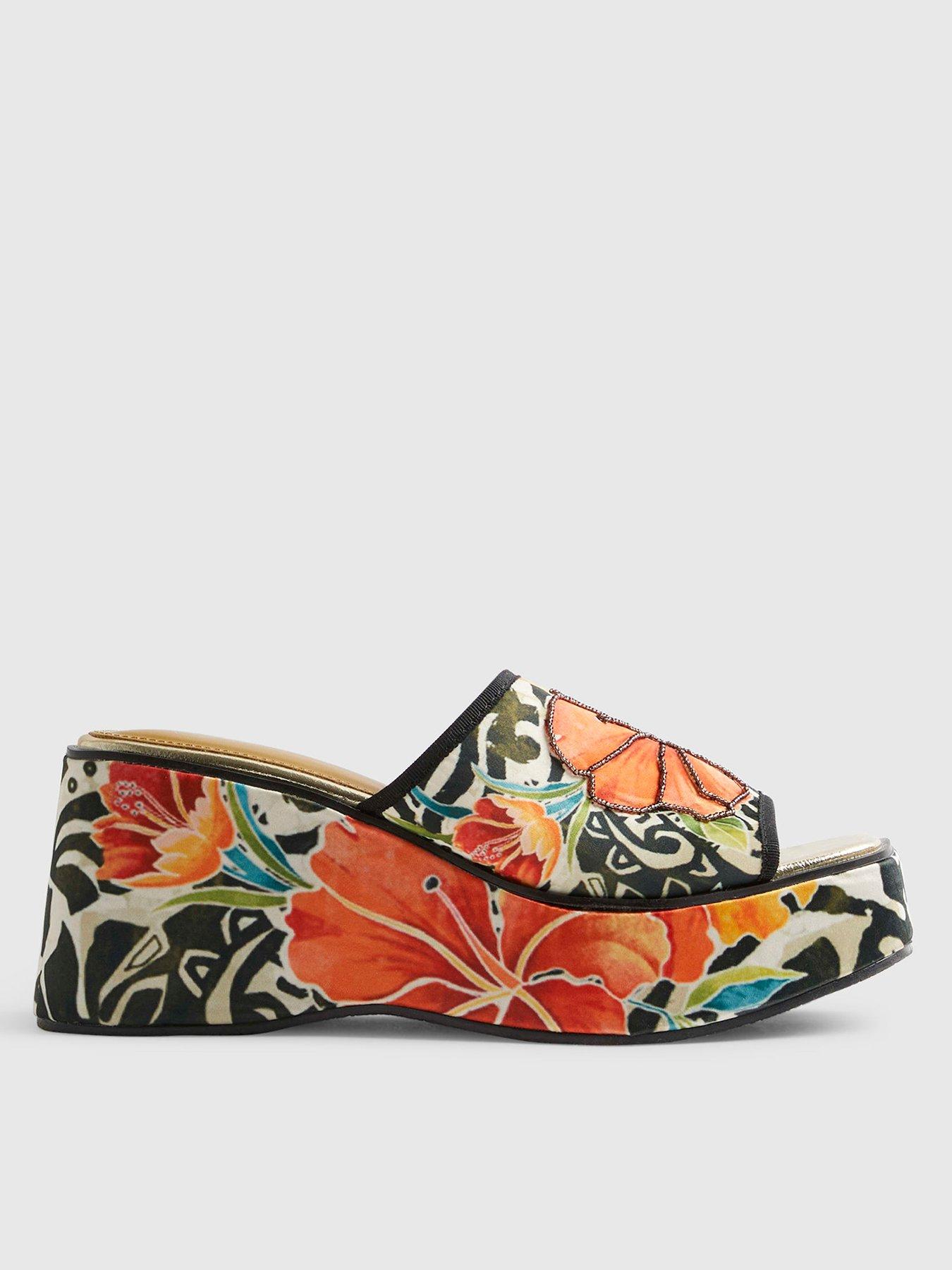 River Island Flower Print Mule Wedges - Orange