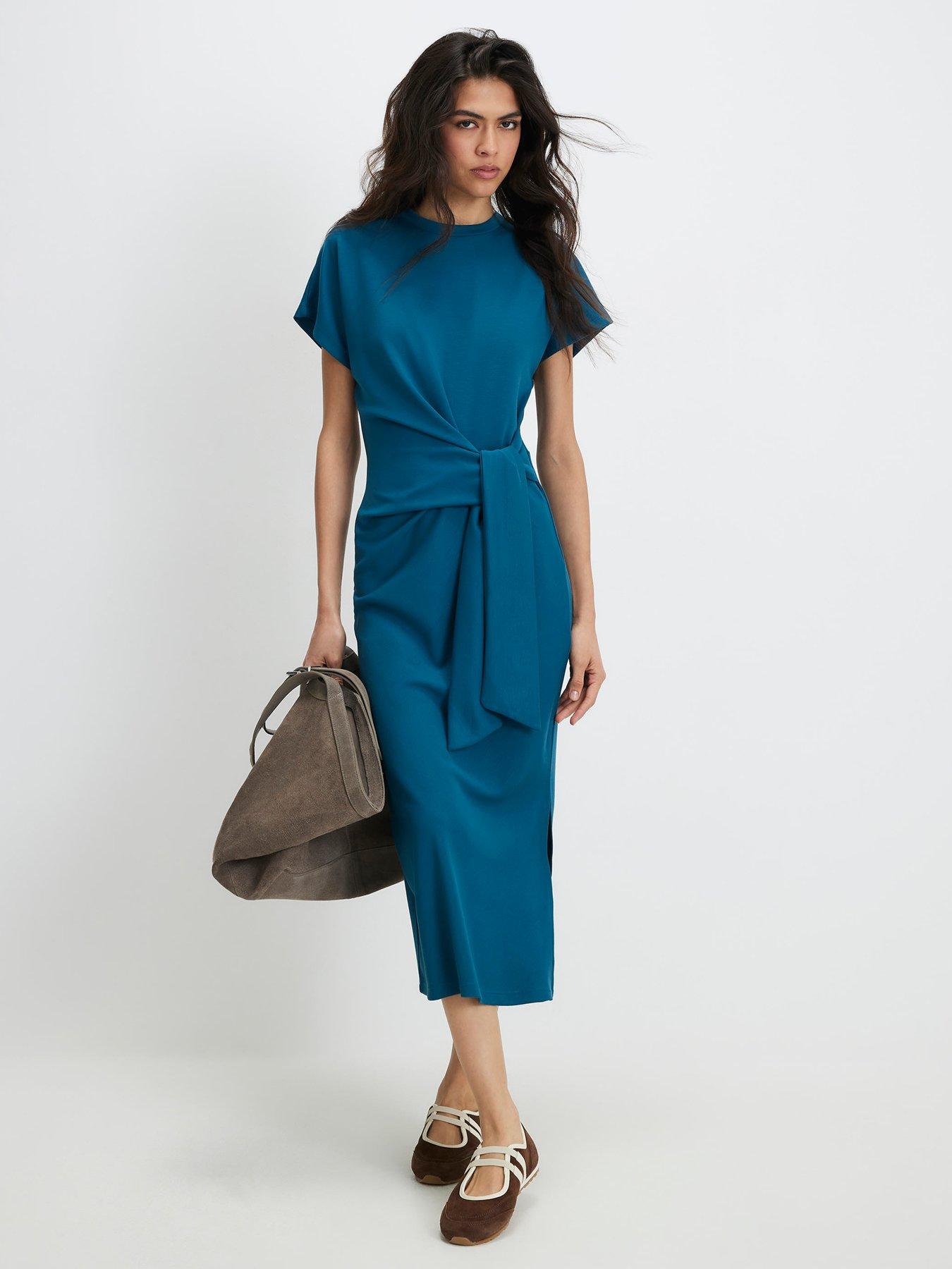 River Island Premium Short Sleeve Tie Side Midi Dress - Blue