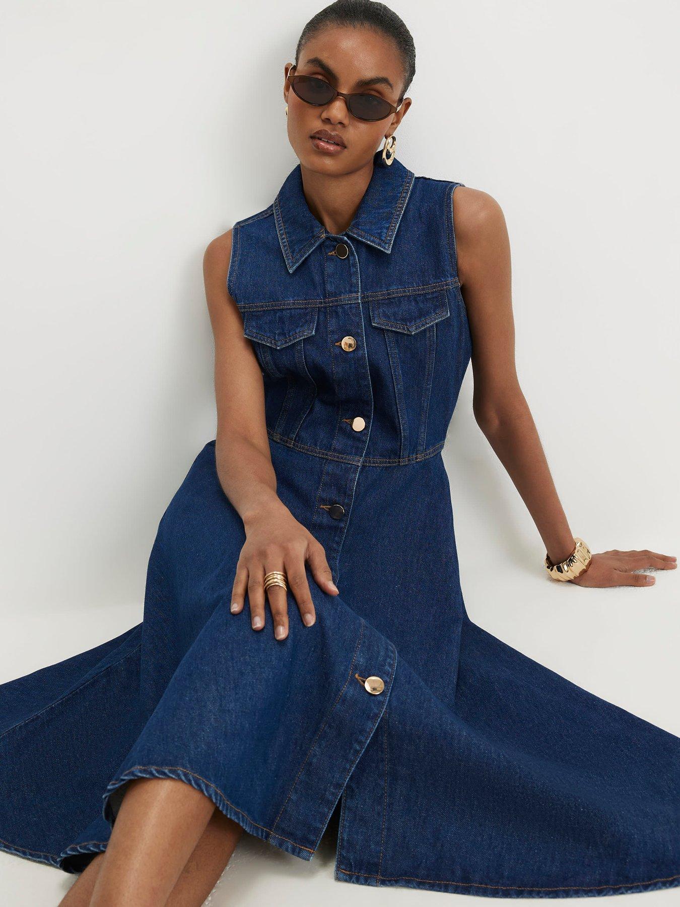 Image 3 of 4 of River Island Denim Sleeveless Midi Shirt Dress