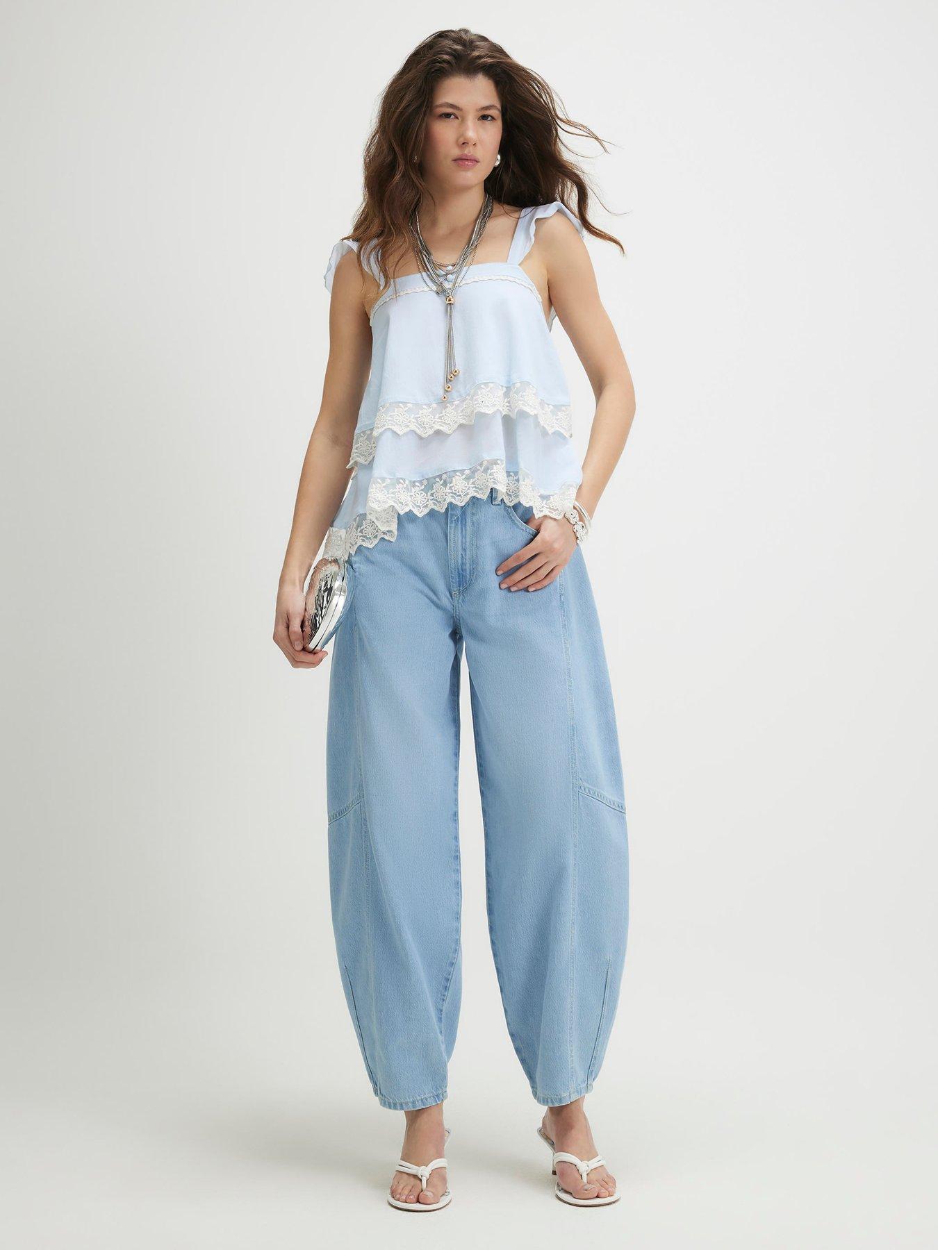 River Island Elastic Back Soft Barrel Leg Jeans - Light Denim
