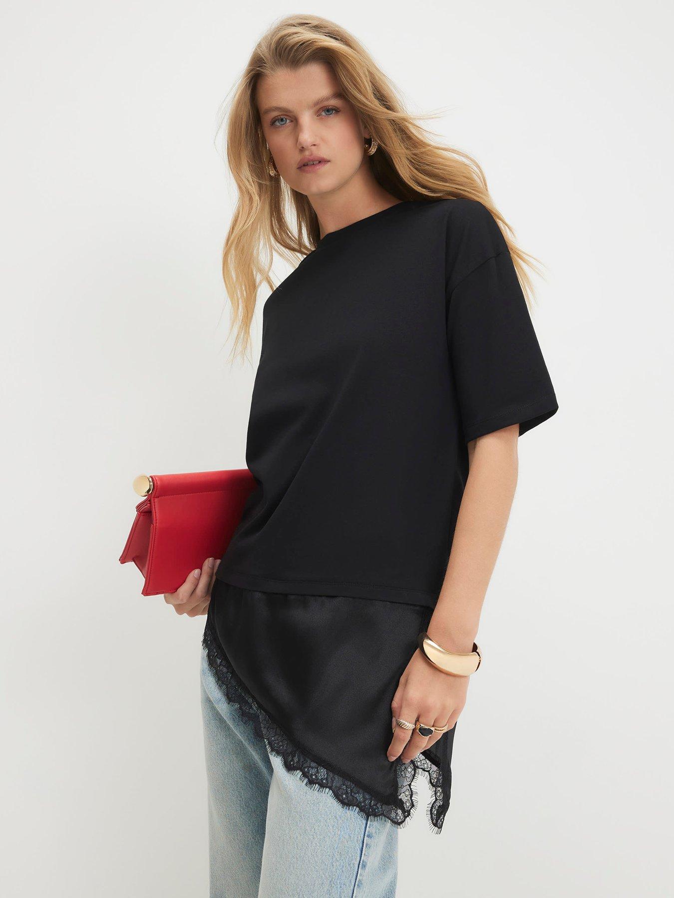 River Island Cotton Lace Hem Asymmetric T-shirt