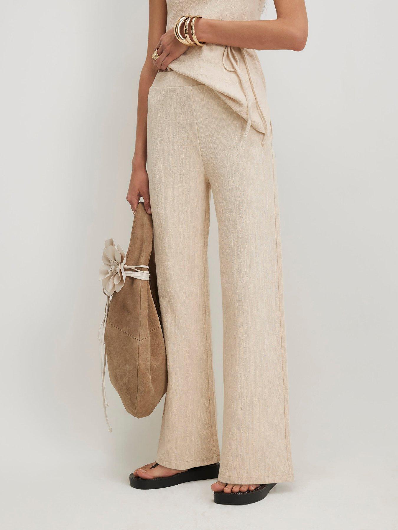 River Island Beige Cotton Blend Textured Wide Leg Trousers