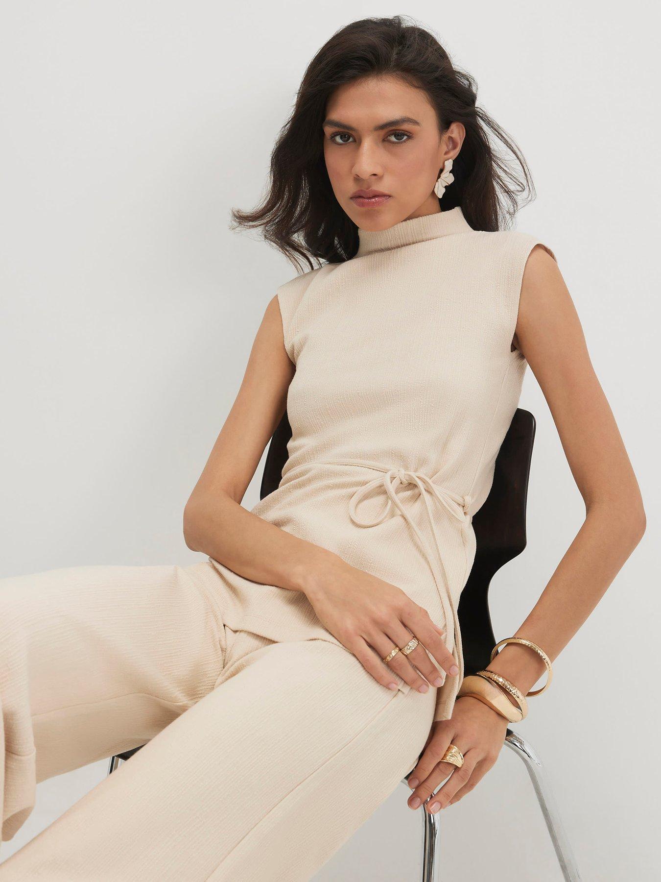 River Island Beige Cotton Blend Textured Tie Belt Top