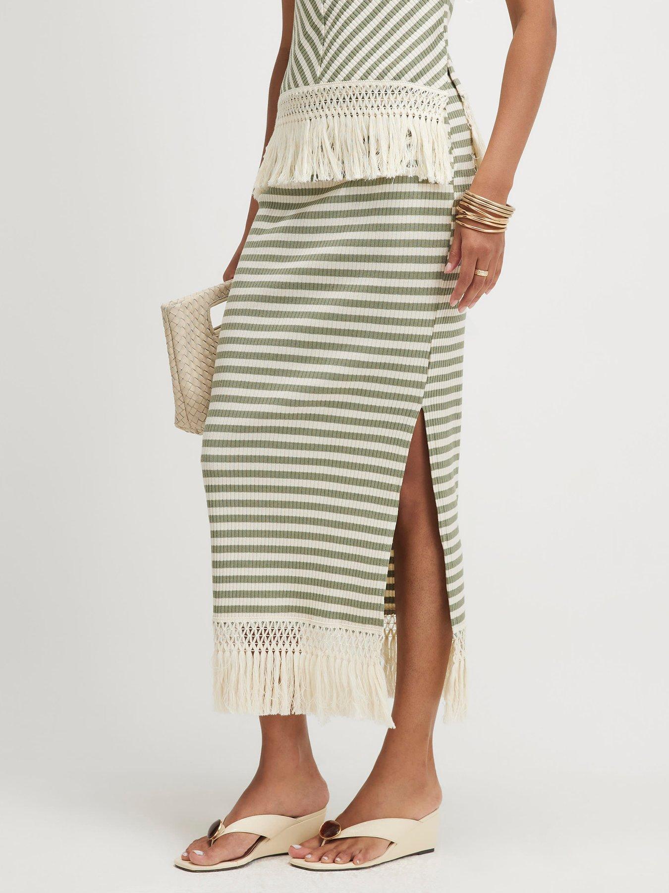 River Island Fringe Hem Striped Midi Skirt