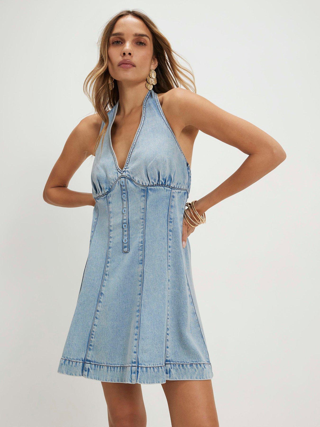 River Island Denim Button Front Mini Cami Dress - Blue