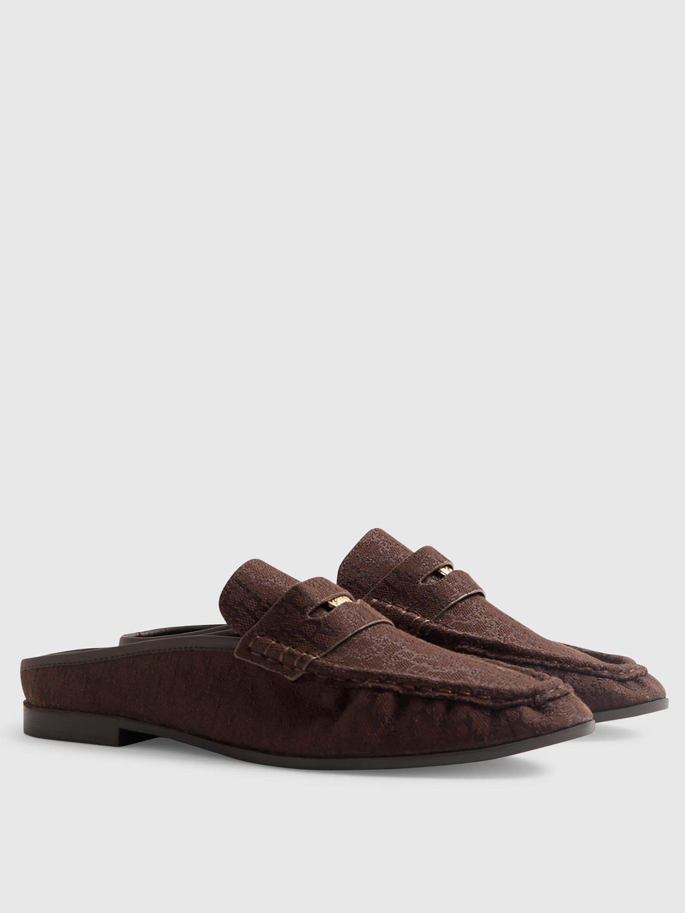 Image 2 of 4 of River Island Faux Suede Backless Mule Loafers - Brown