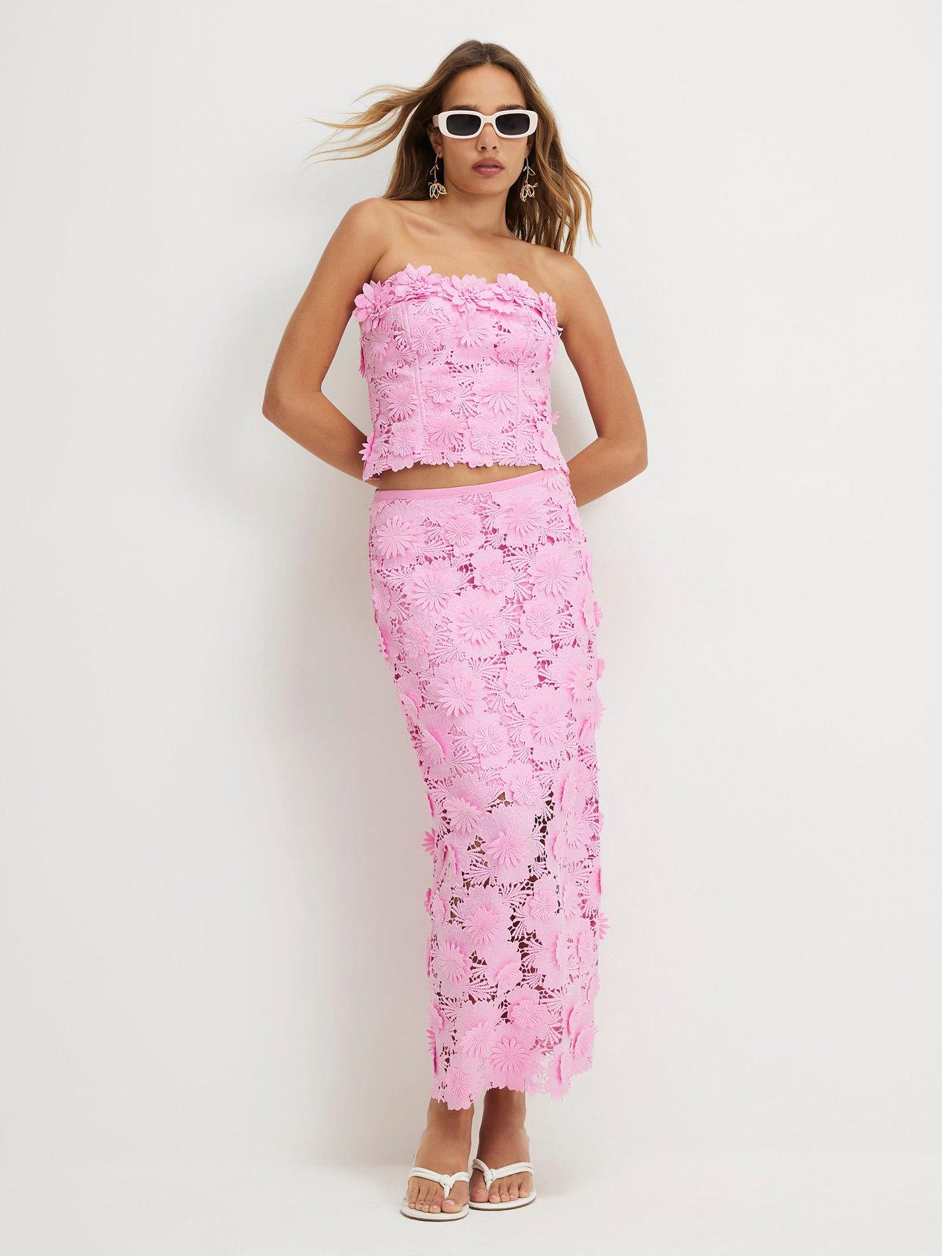 Image 3 of 4 of River Island Lace Midi Pencil Skirt - Pink