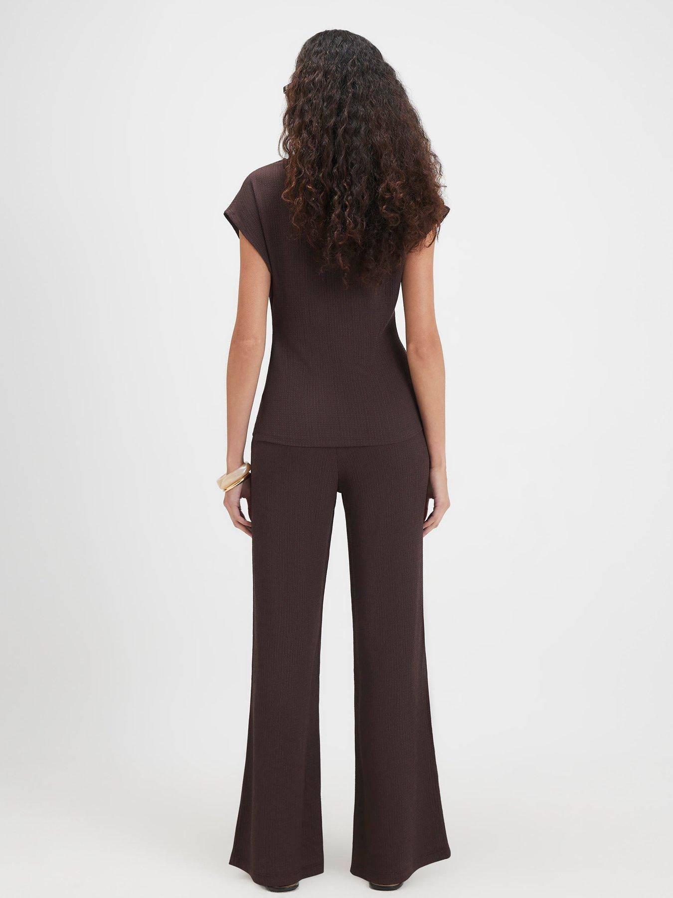 Image 2 of 4 of River Island Textured Wide Leg Trousers - Brown