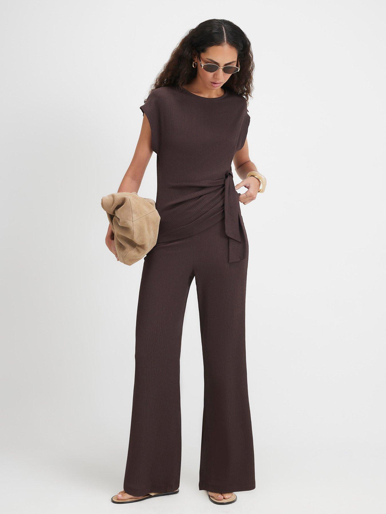 Image 3 of 4 of River Island Textured Wide Leg Trousers - Brown