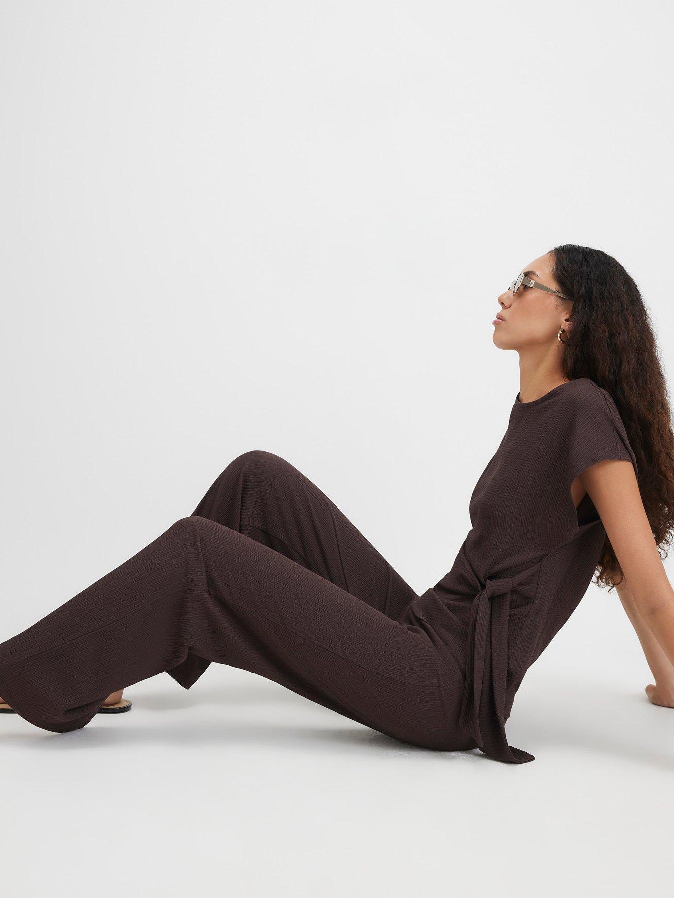 Image 4 of 4 of River Island Textured Wide Leg Trousers - Brown