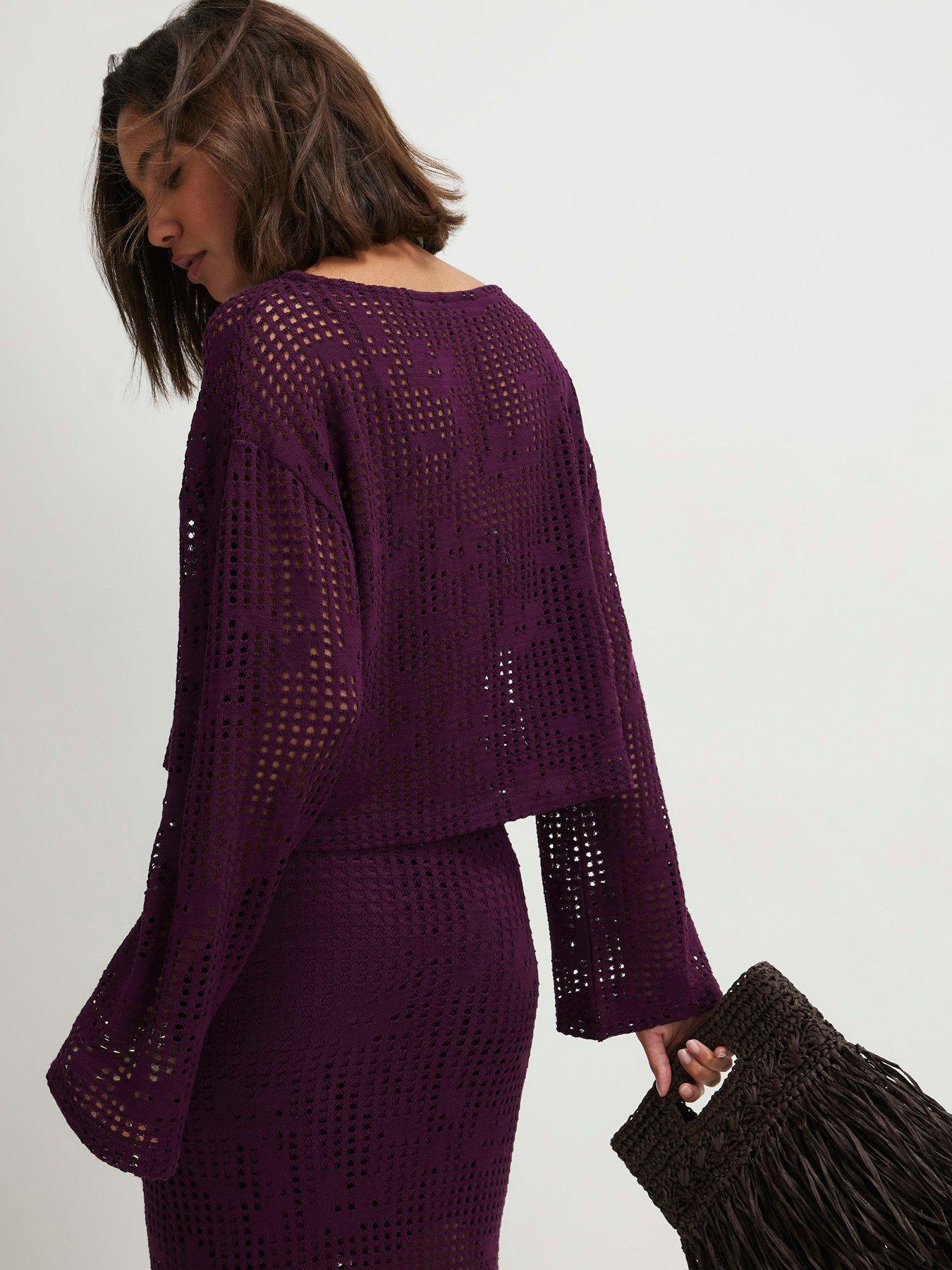Image 2 of 4 of River Island Crochet Long Sleeve Top - Purple