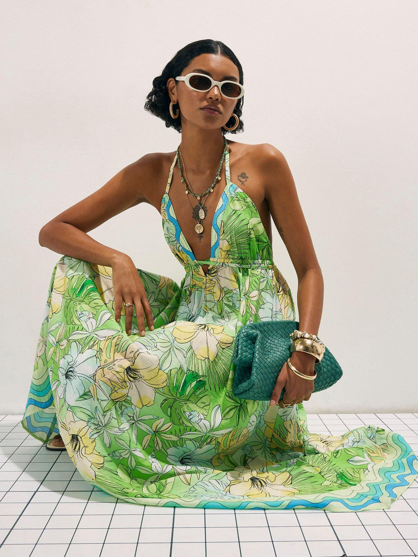 River Island Cotton Tropicana Plunge Maxi Dress - Green