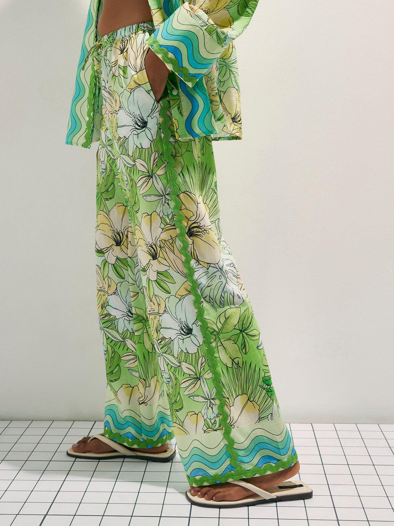 River Island Cotton Tropicana Wide Leg Trousers - Green