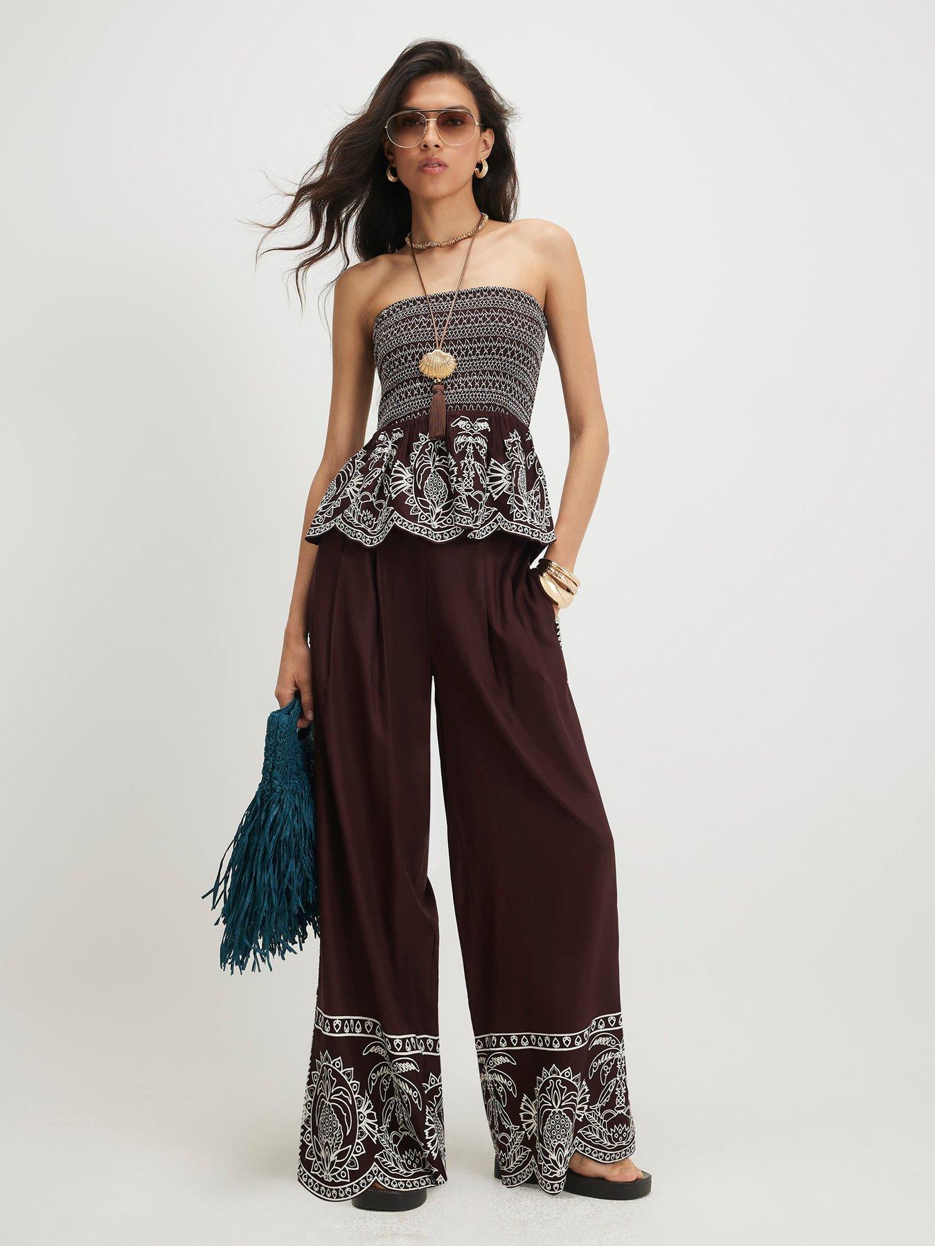 Image 3 of 4 of River Island Cotton Embroidered Shirred Bandeau Top - Brown
