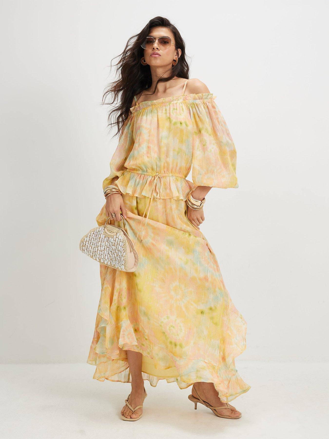 Image 1 of 4 of River Island Metallic Tie Dye Bardot Maxi Dress - Yellow