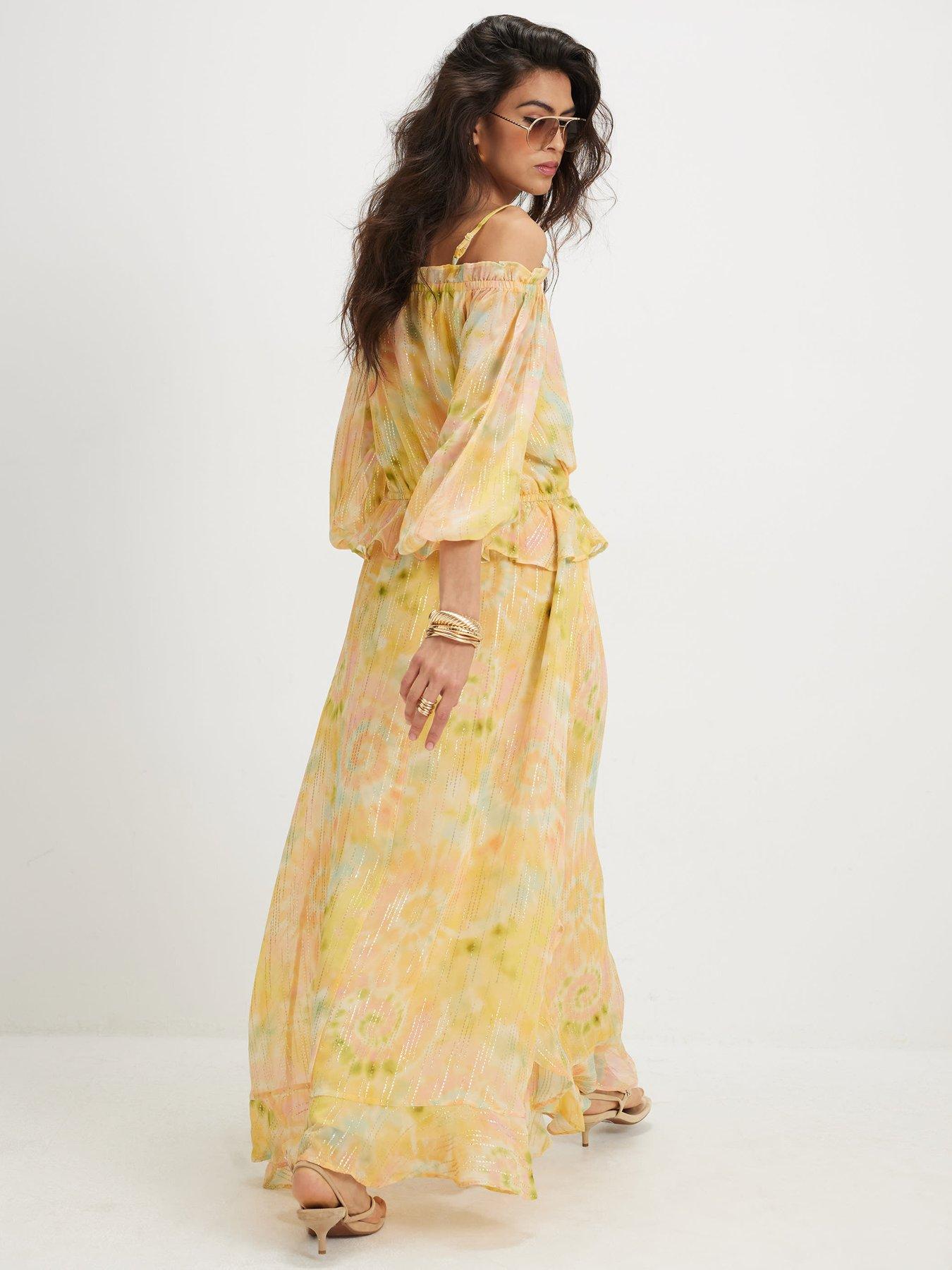Image 2 of 4 of River Island Metallic Tie Dye Bardot Maxi Dress - Yellow