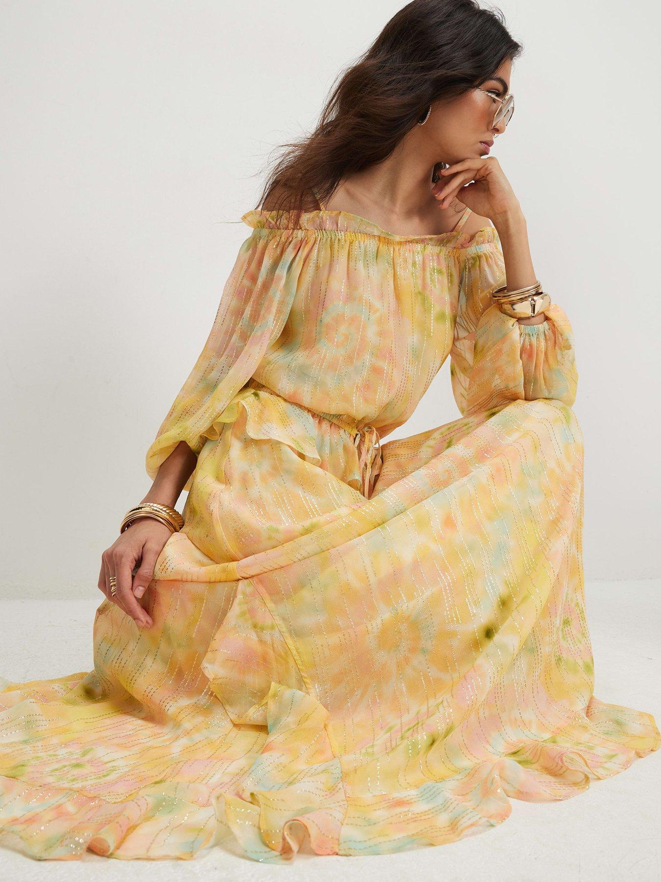 Image 3 of 4 of River Island Metallic Tie Dye Bardot Maxi Dress - Yellow