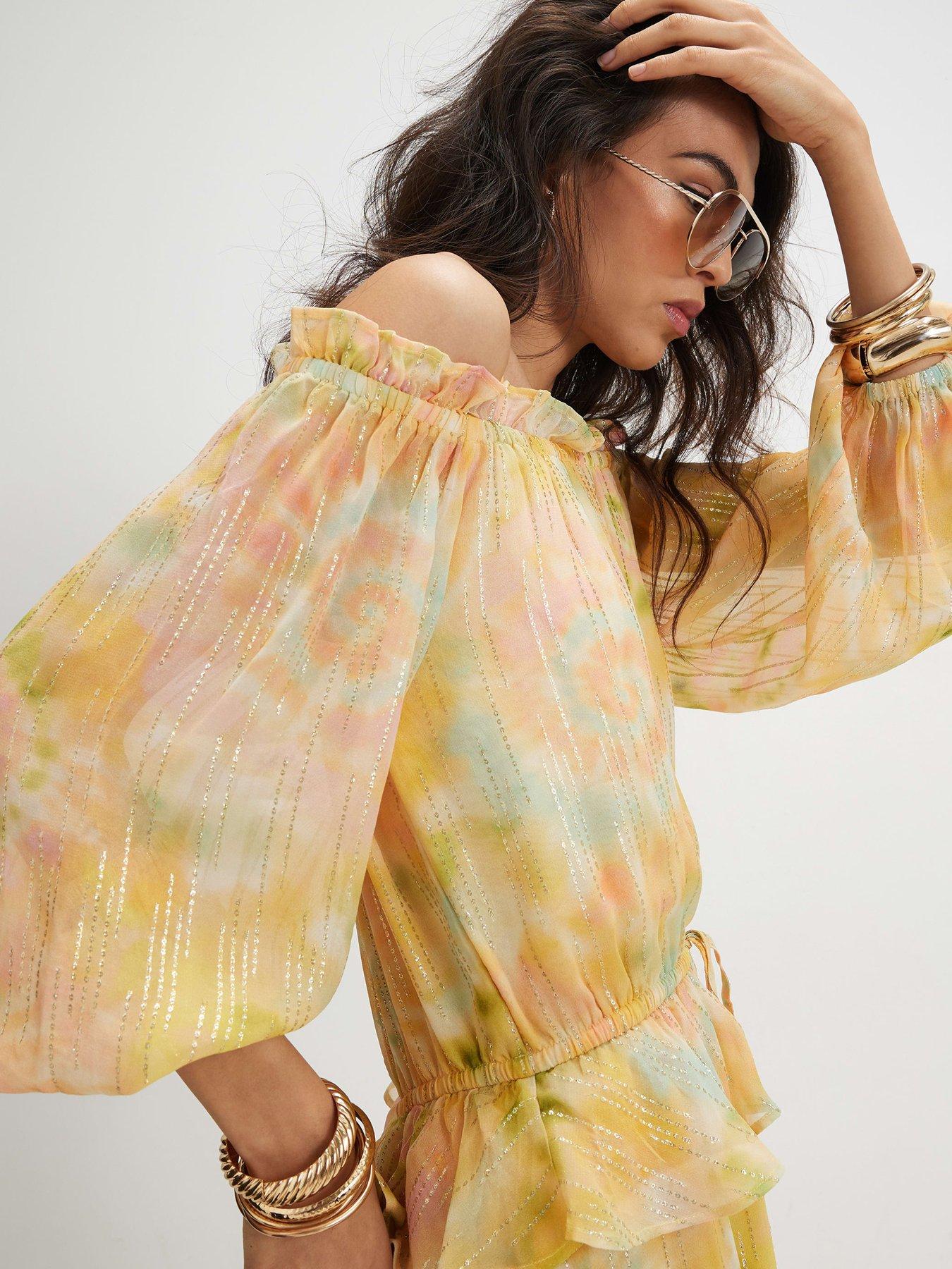 Image 4 of 4 of River Island Metallic Tie Dye Bardot Maxi Dress - Yellow
