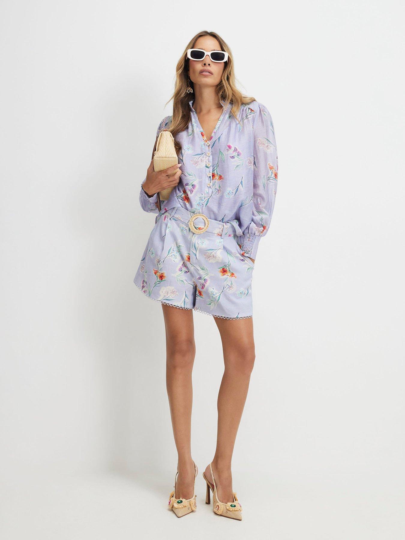 River Island Linen Blend Floral Long Sleeve Blouse - Purple