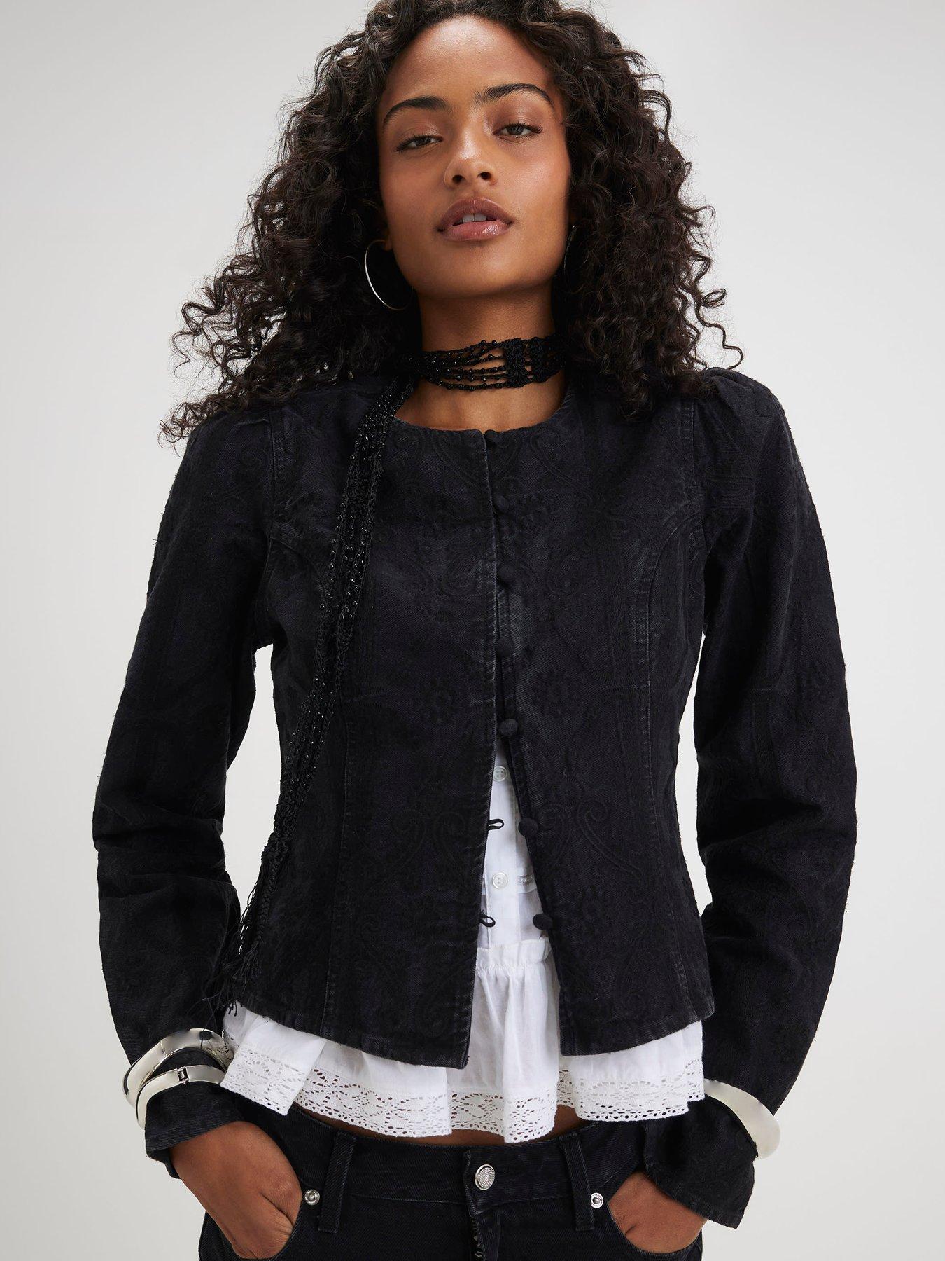 River Island Denim Embroidered Drummer Jacket - Black