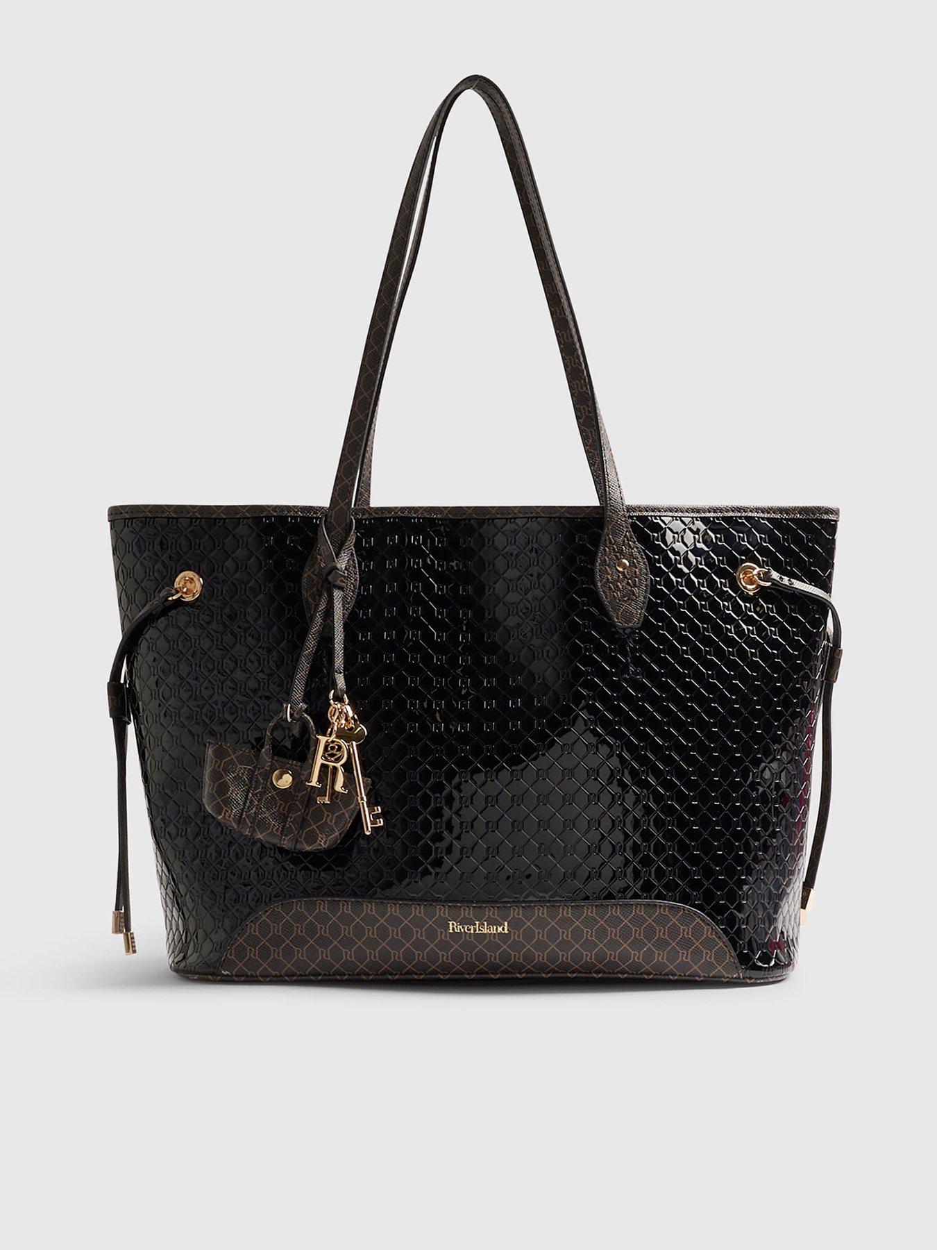 Image 1 of 4 of River Island Monogram Patent Side Tie Shopper Bag - Black