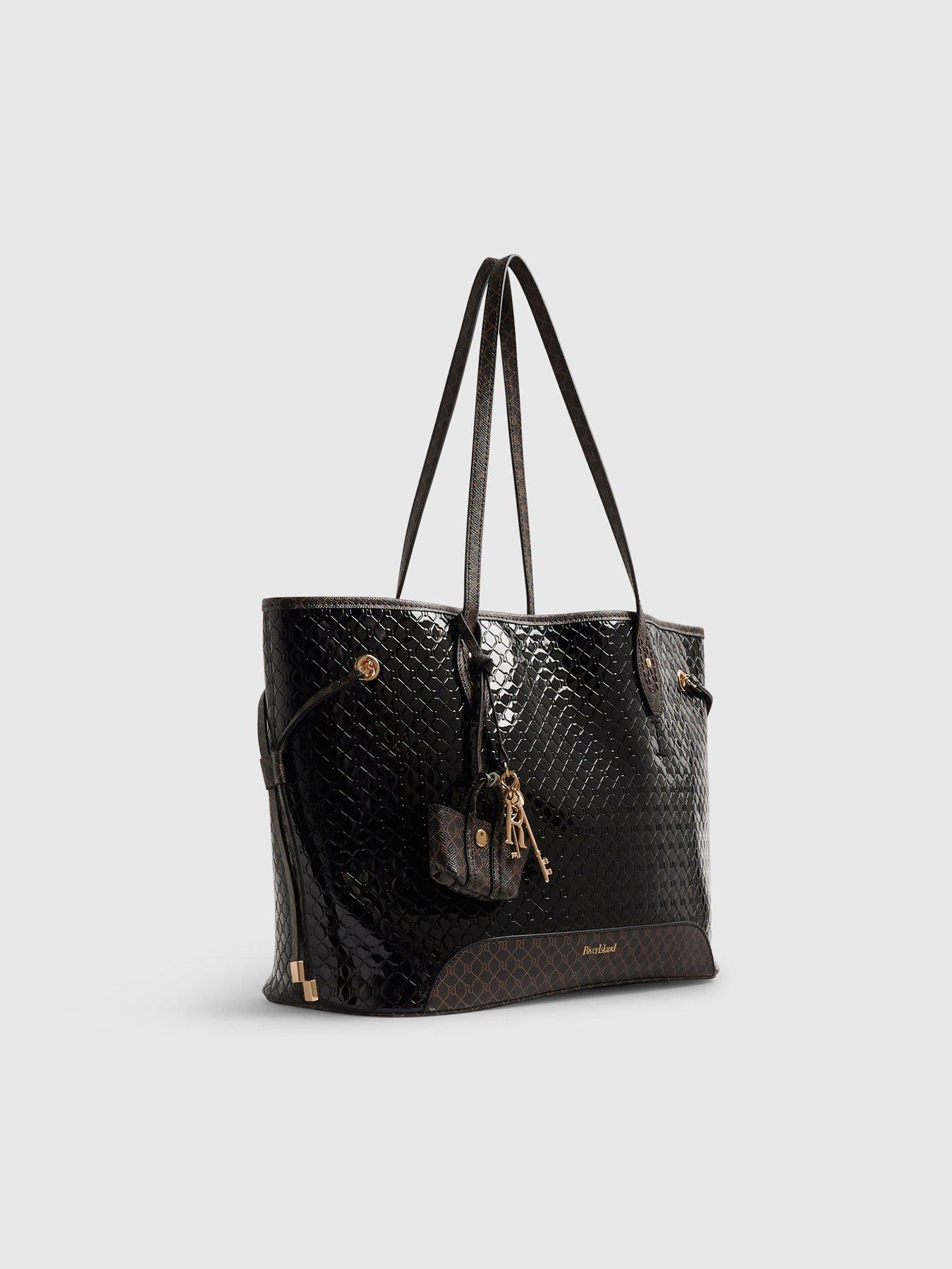 Image 3 of 4 of River Island Monogram Patent Side Tie Shopper Bag - Black