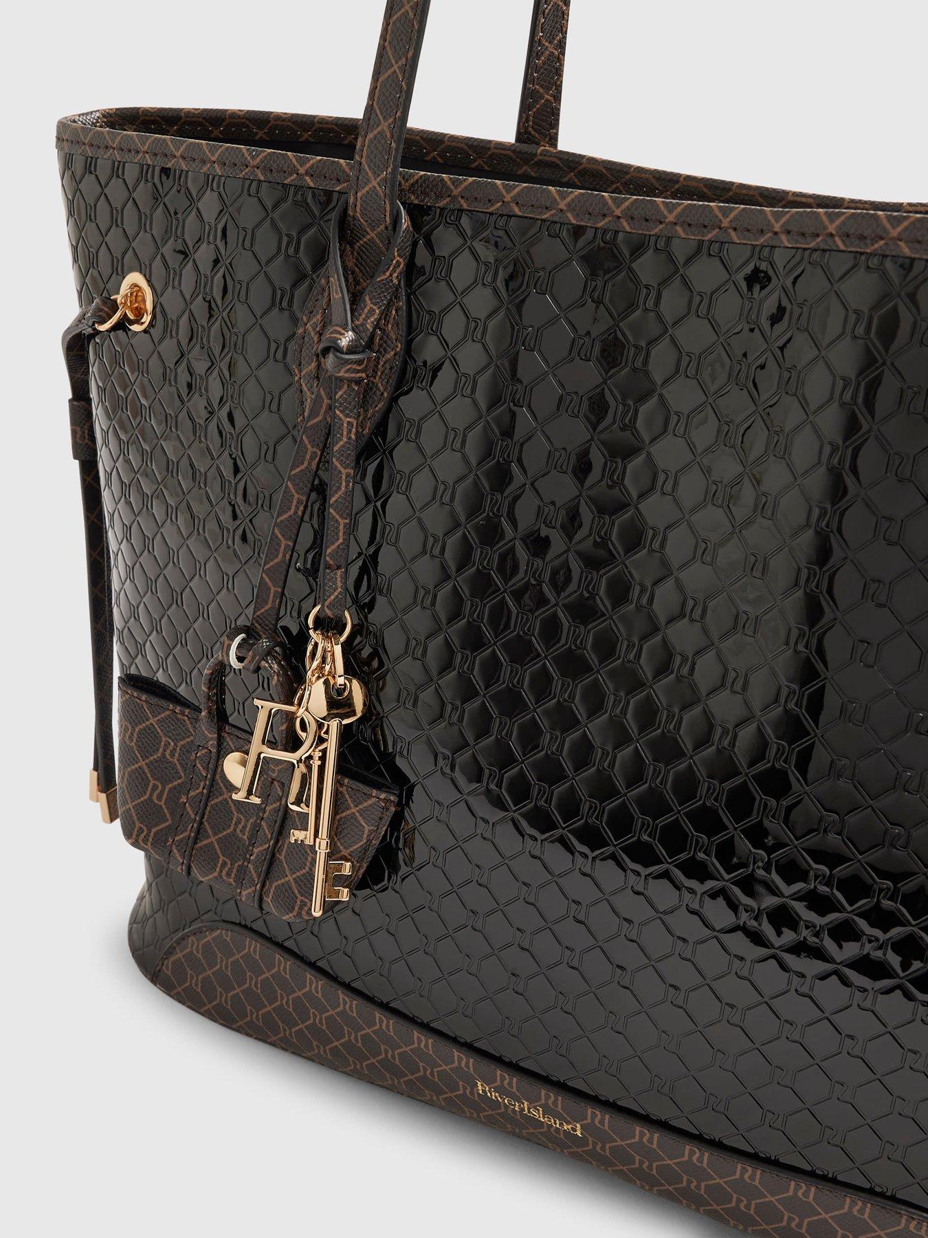 Image 4 of 4 of River Island Monogram Patent Side Tie Shopper Bag - Black