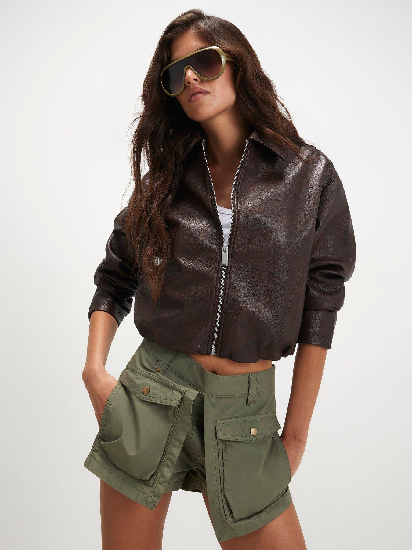 River Island Washed Faux Leather Bomber Jacket - Brown
