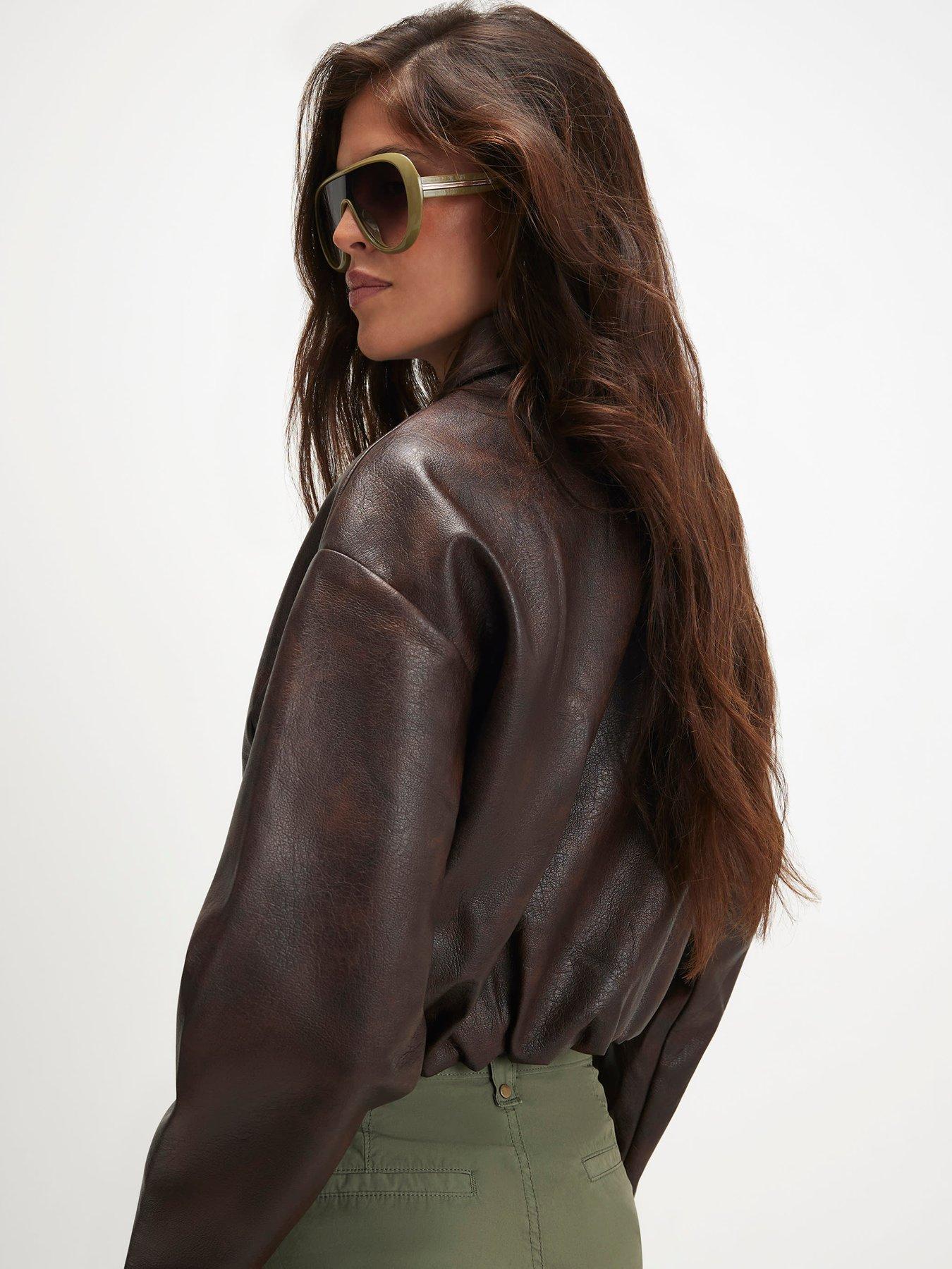 Image 2 of 4 of River Island Washed Faux Leather Bomber Jacket - Brown
