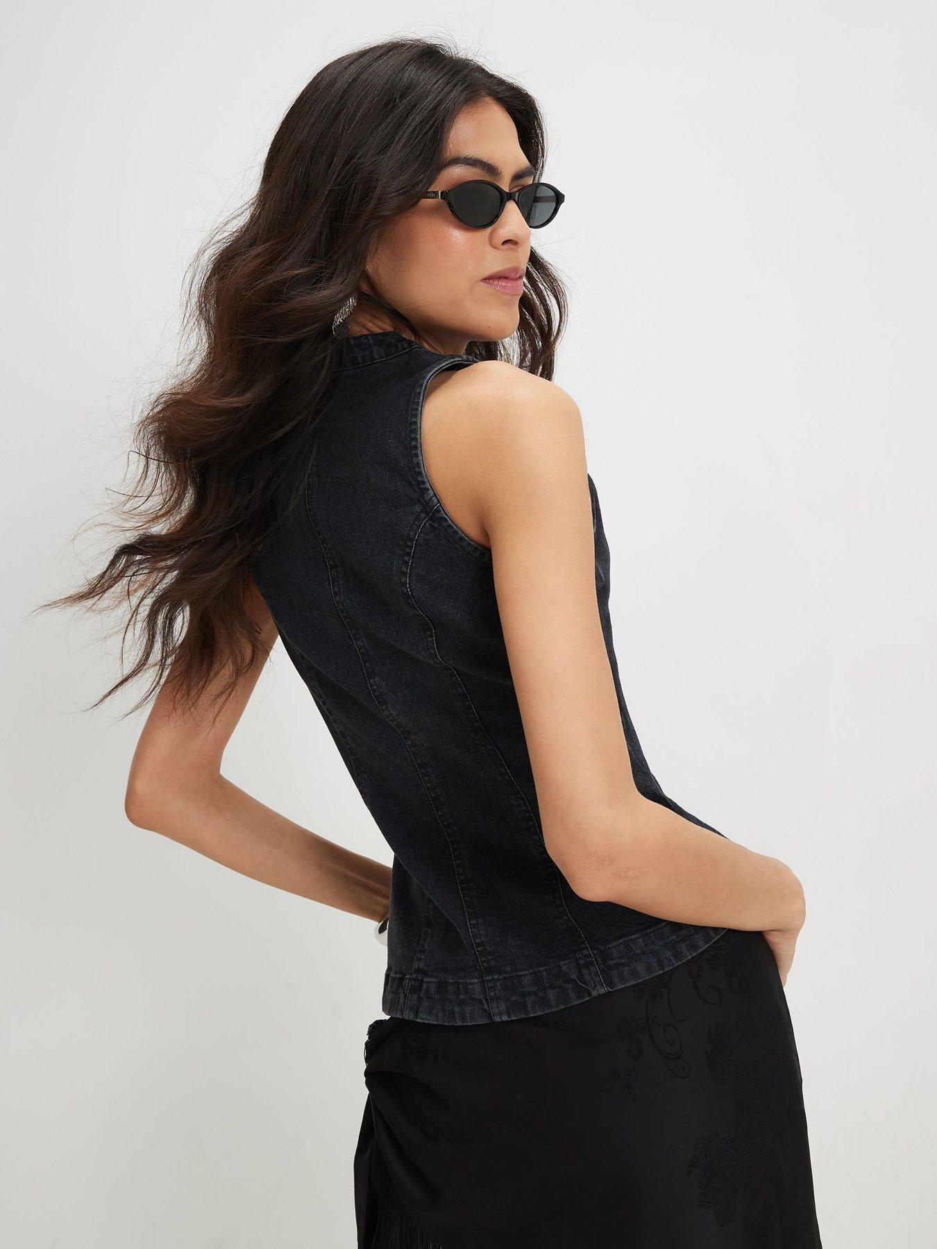 Image 2 of 4 of River Island Stretch Denim Sleeveless Waistcoat - Black