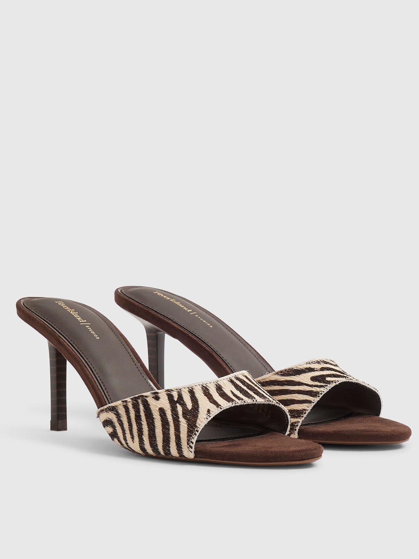 Image 2 of 4 of River Island Zebra Mule Heeled Sandals - Brown