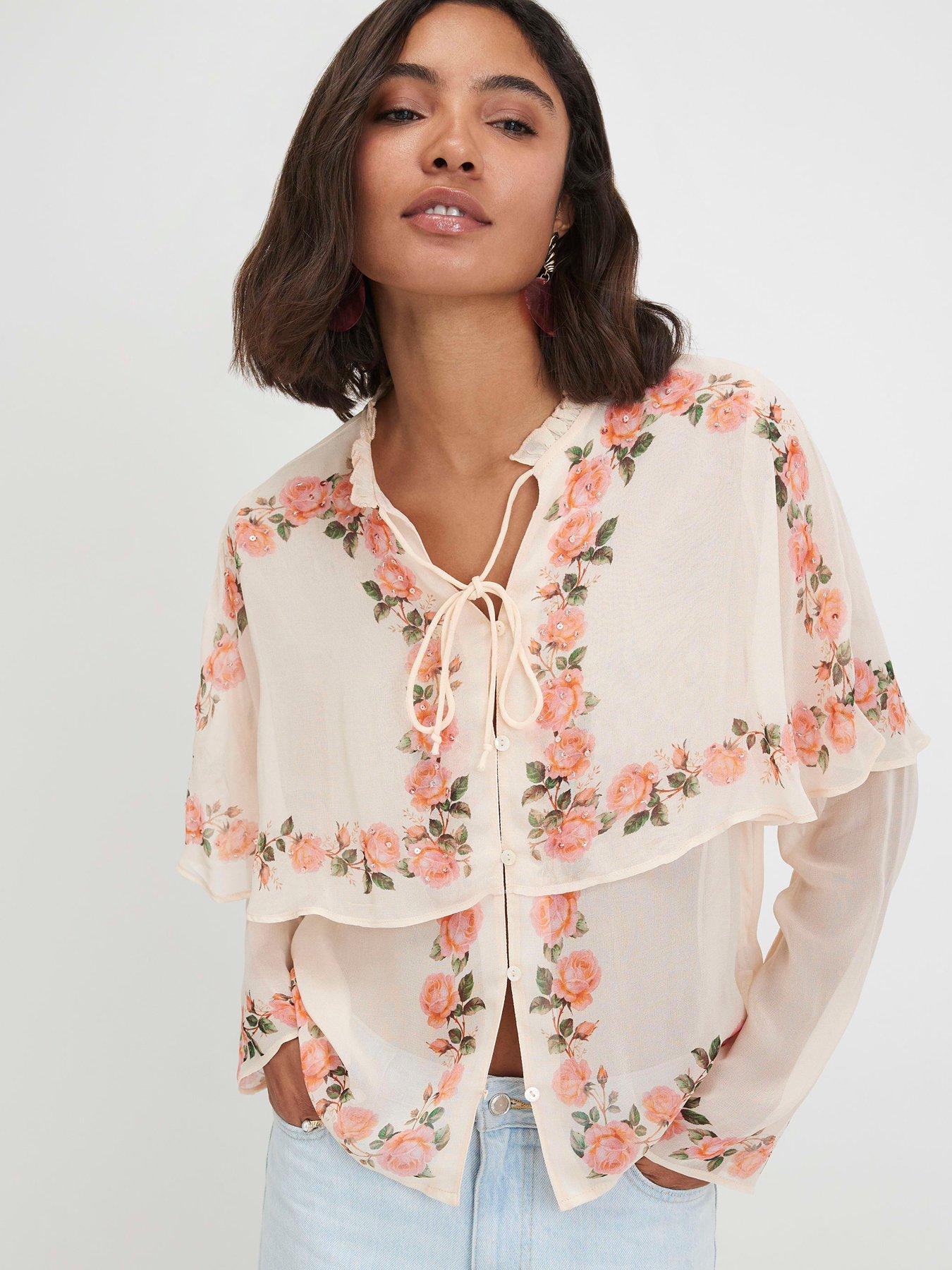River Island Floral Print Cape Detail Top - Cream