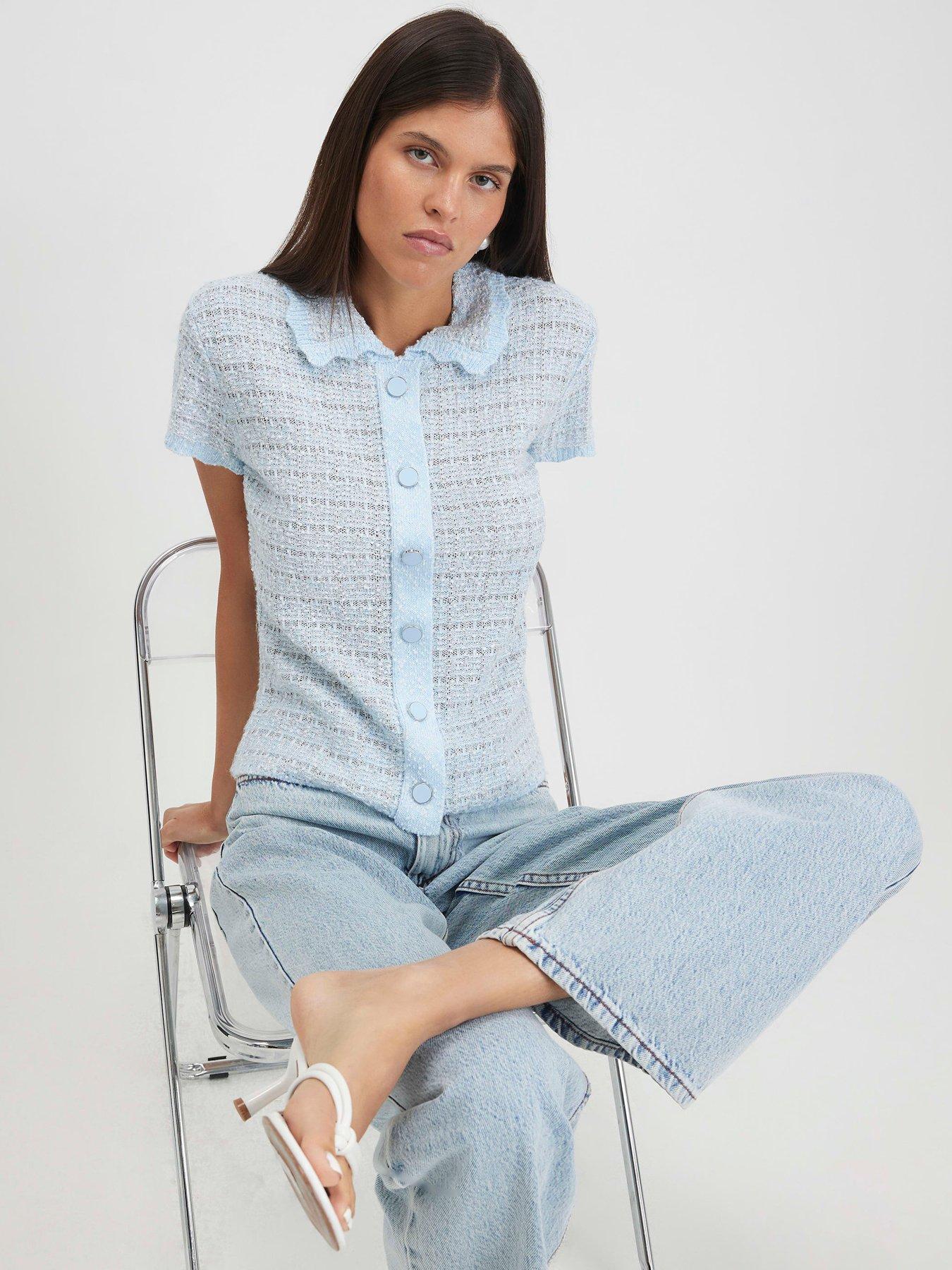 River Island Knit Button Through Boucle Top - Blue