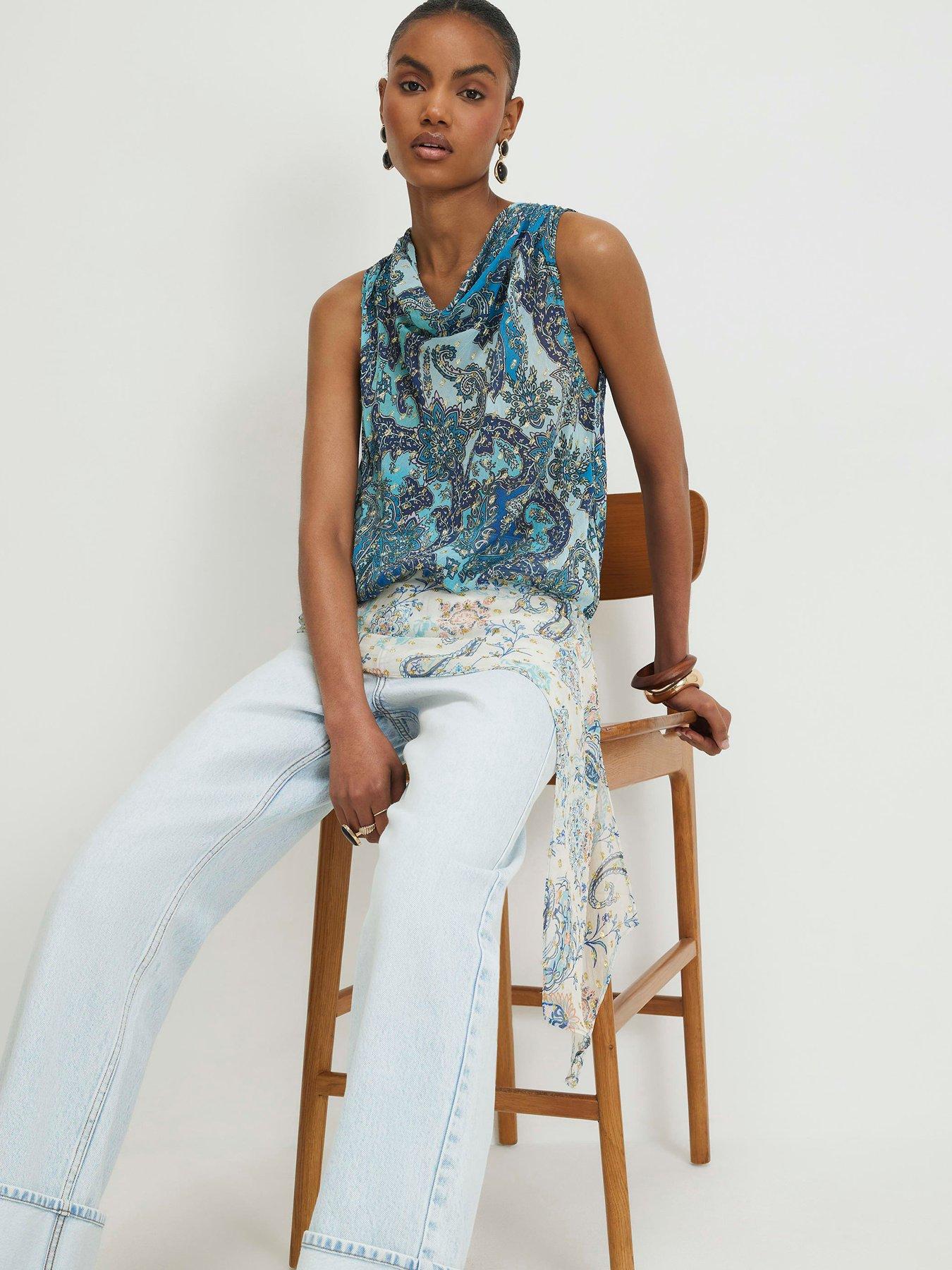 River Island Paisley Metallic Drape Tie Top - Blue