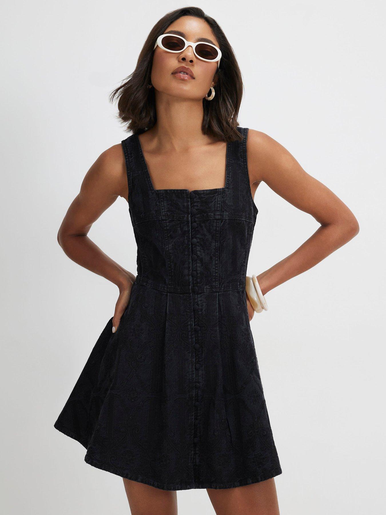 River Island Denim Embroidered Swing Dress - Black