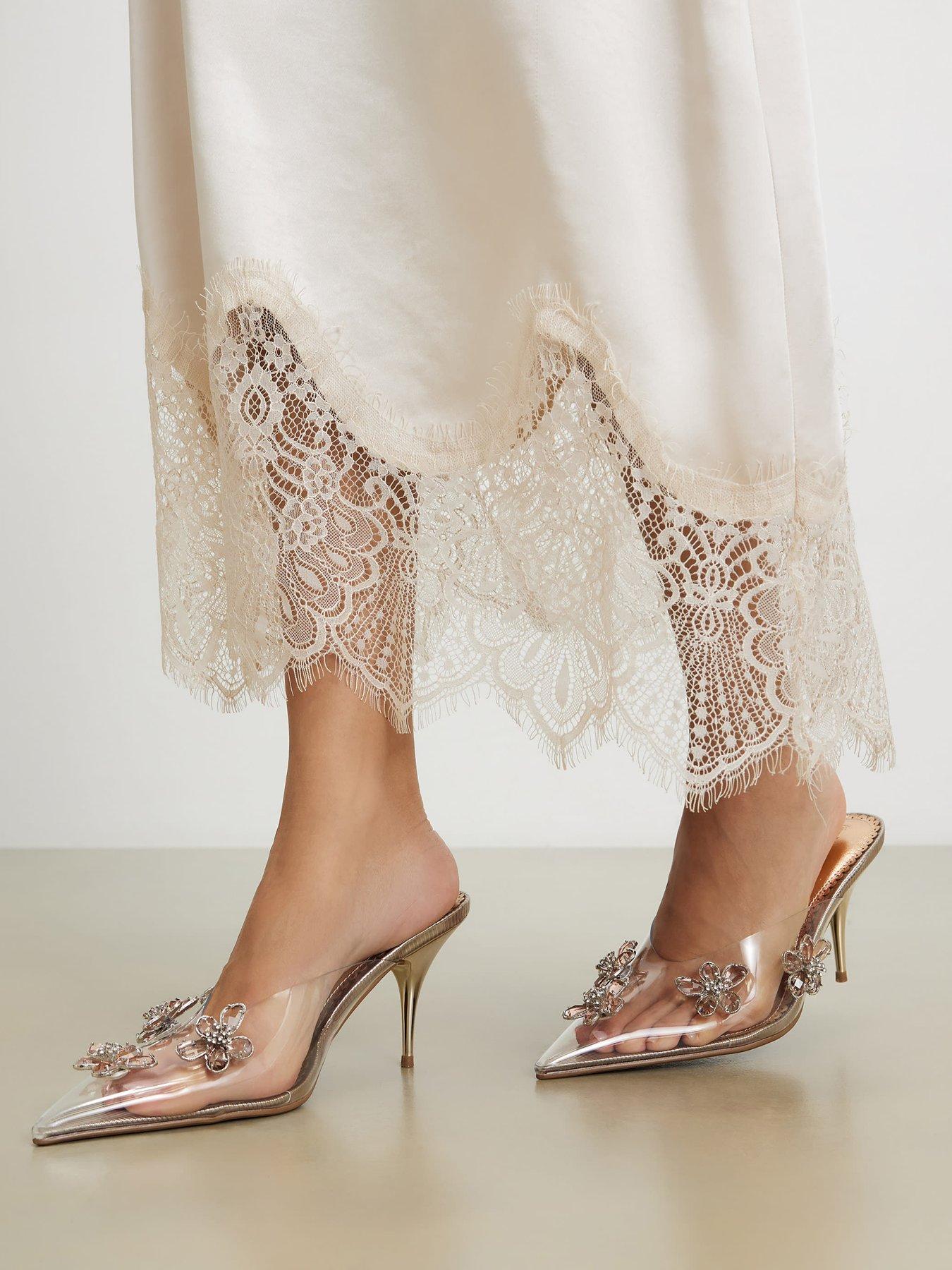 Image 1 of 5 of River Island Perspex Diamante Flower Court Heels - Gold