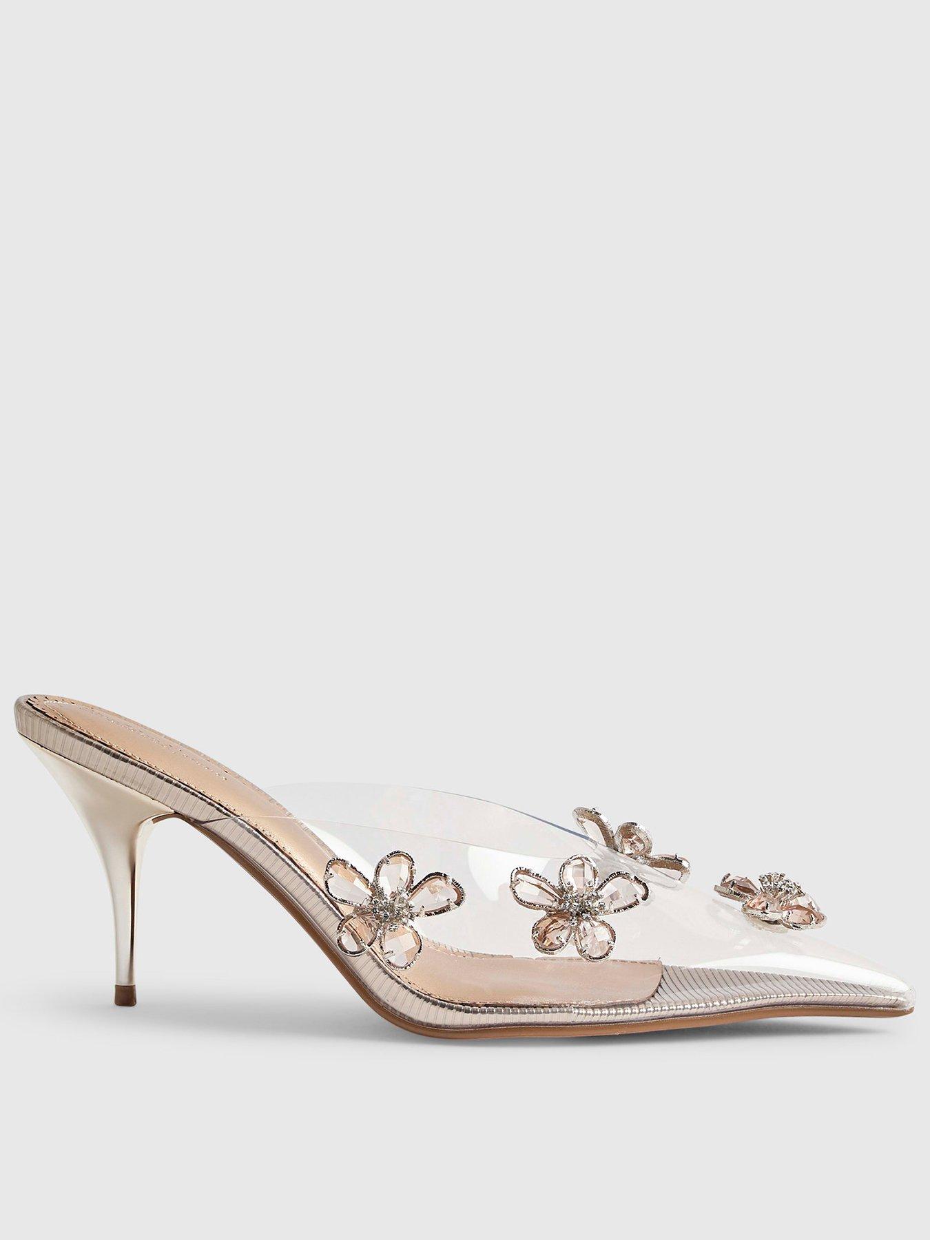 Image 2 of 5 of River Island Perspex Diamante Flower Court Heels - Gold